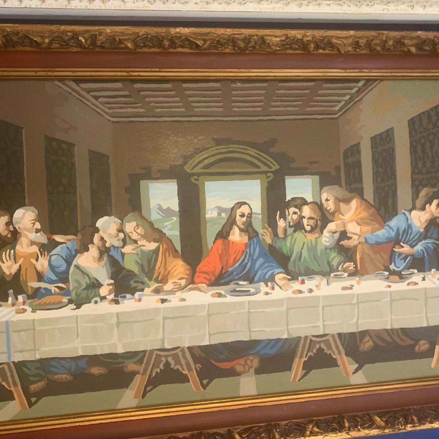 Scot surprised me with a Last Supper Vintage Paint by Number. Need to rearrange my gallery wall now. #vintagepaintbynumber #paintbynumbers #gallerywall