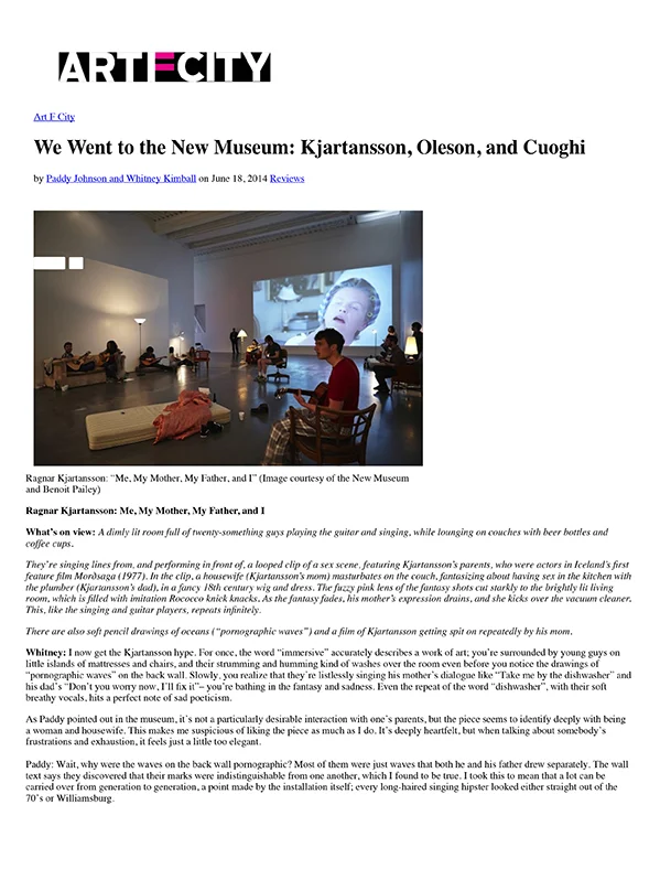 Art F City June 2014 "As part of her New Museum residency “Hear, Here”, Jeanine Oleson has invited a room full of opera lovers to participate in performances of opera hits like they would at a Rocky Horror Picture Show screening, by dressing up, singing along, and throwing flowers." More...
