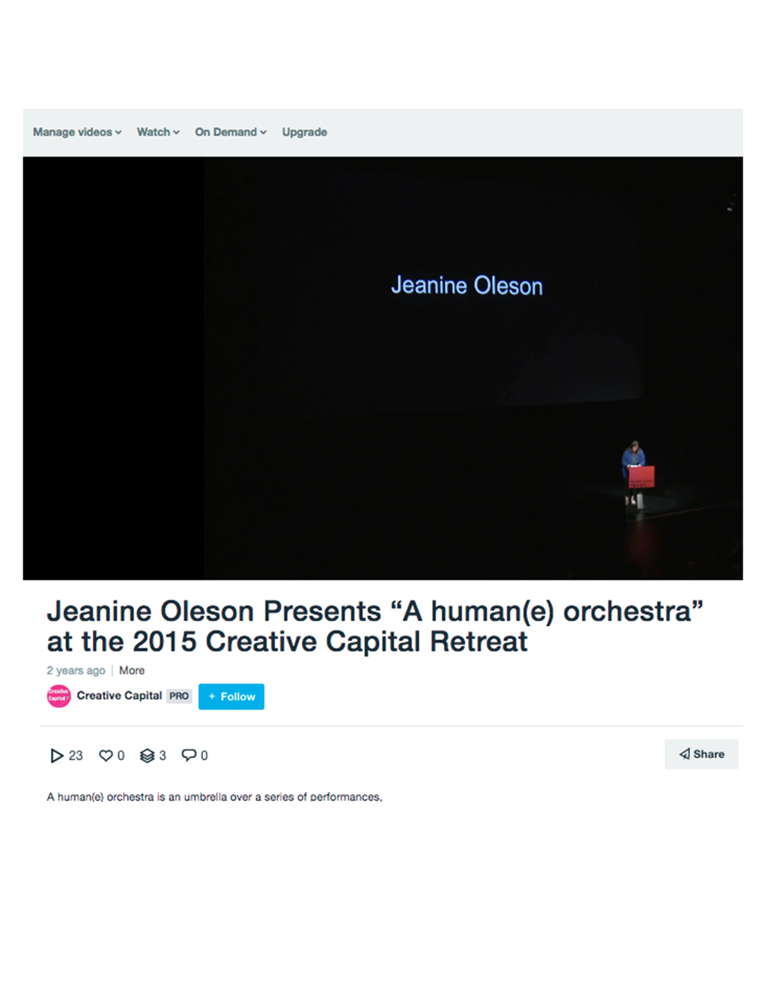 Jeanine Oleson Presents “A human(e) orchestra” at the 2015 Creative Capital Retreat