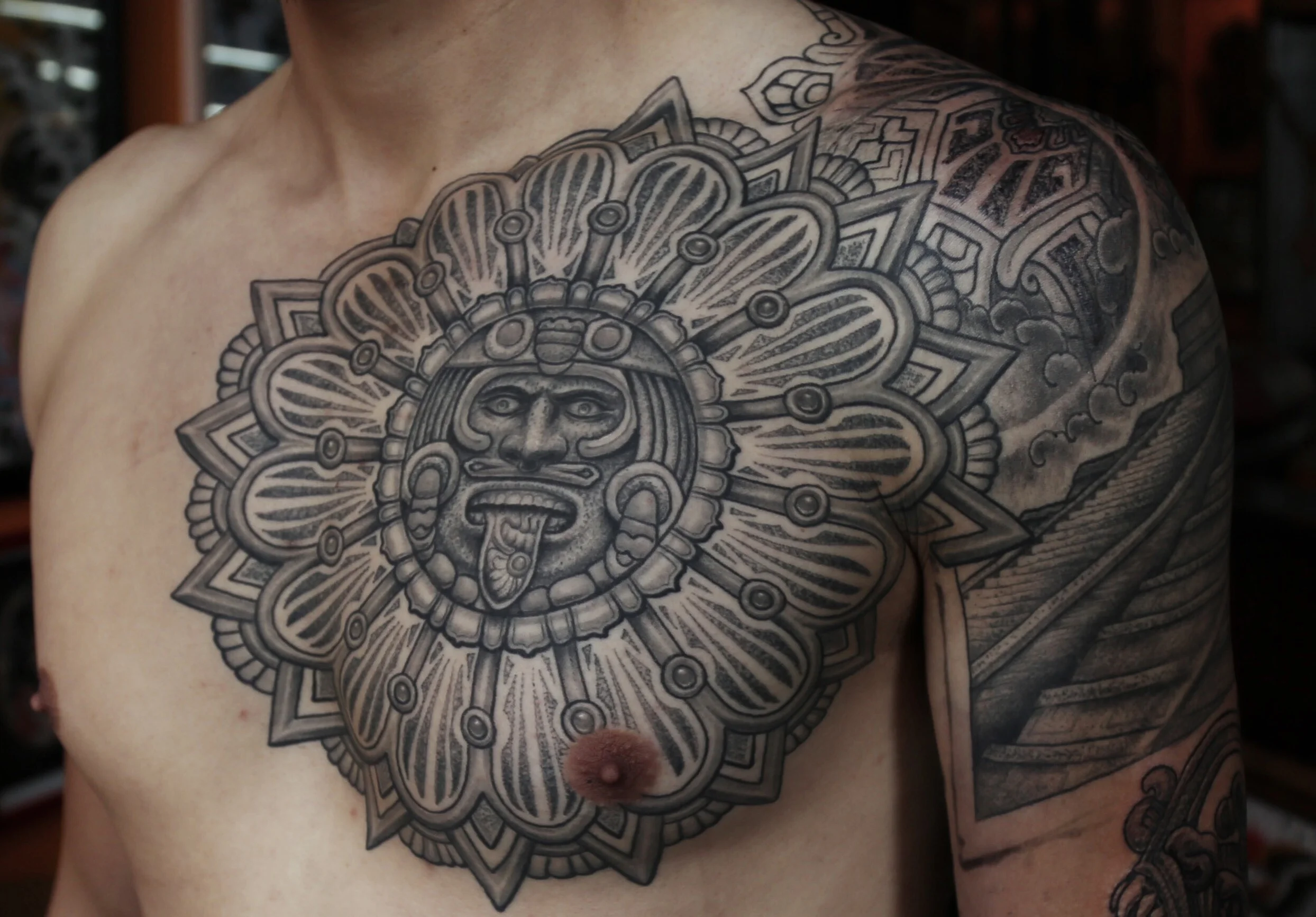 enrique bernal ejay tattoo dallas texas aztek calendar stipple.jpeg