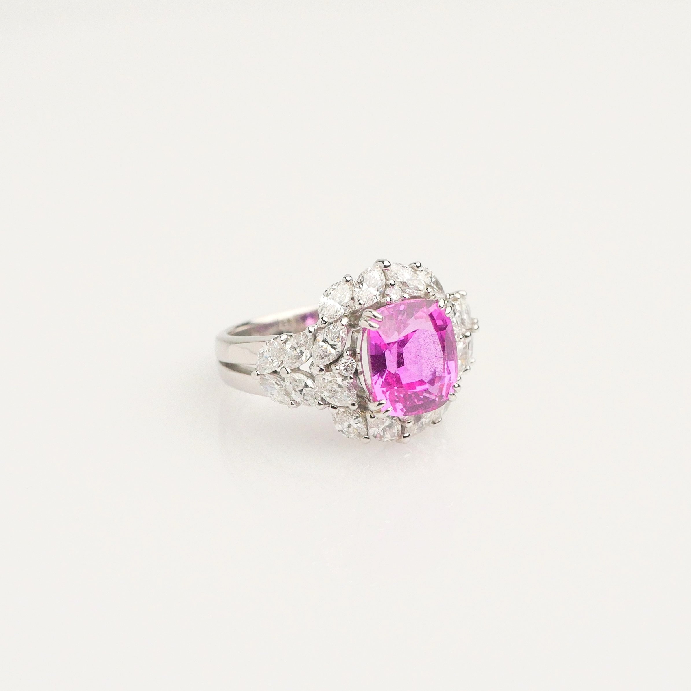  PINK SAPPHIRE AND DIAMOND RING - R0689  CUSHION SHAPED PINK SAPPHIRE 4.27 CARAT  MQ AND RB DIAMOND TOTAL WEIGHT 2.06 CARATS  PLATINUM  PLEASE CALL FOR PRICING 