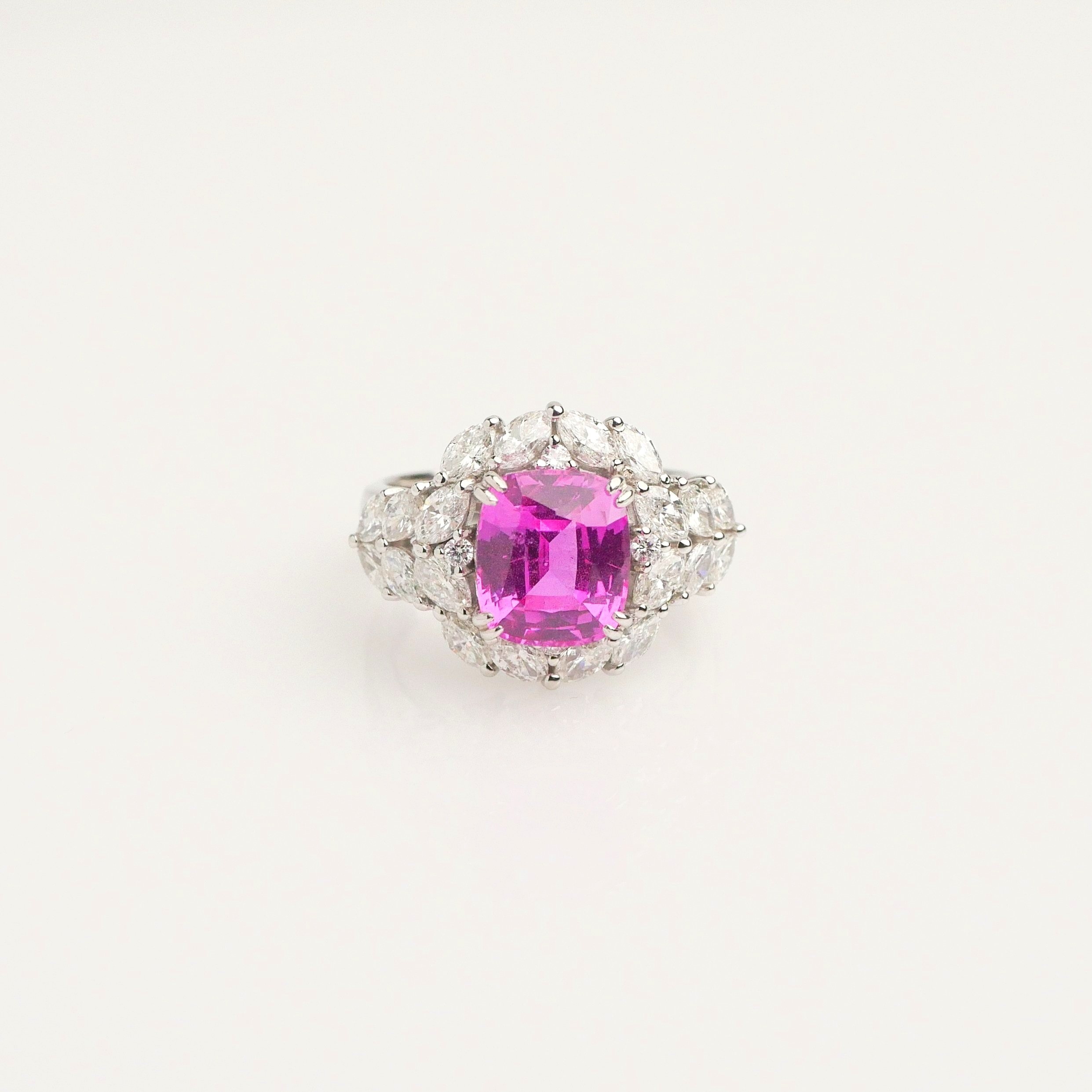  PINK SAPPHIRE AND DIAMOND RING - R0689  CUSHION SHAPED PINK SAPPHIRE 4.27 CARAT  MQ AND RB DIAMOND TOTAL WEIGHT 2.06 CARATS  PLATINUM  PLEASE CALL FOR PRICING 