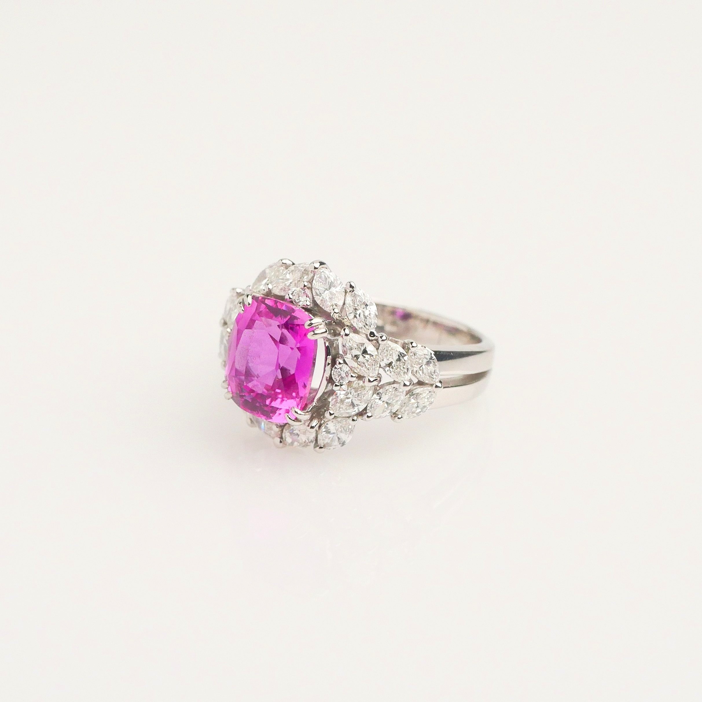  PINK SAPPHIRE AND DIAMOND RING - R0689  CUSHION SHAPED PINK SAPPHIRE 4.27 CARAT  MQ AND RB DIAMOND TOTAL WEIGHT 2.06 CARATS  PLATINUM  PLEASE CALL FOR PRICING 