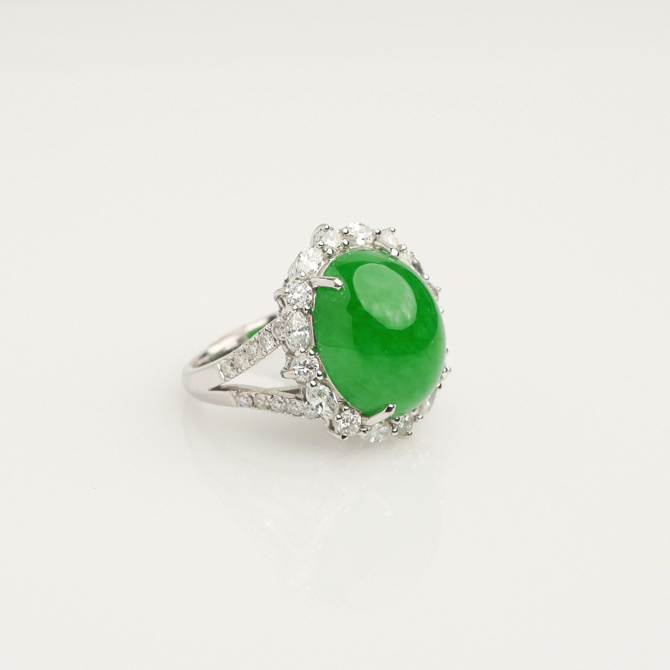  JADEITE AND DIAMOND RING - R0623  JADEITE 12.33 CARAT  RB &amp; MQ DIAMONDS TW 1.66 CARATS  18KW GOLD  PLEASE CALL FOR PRICING 