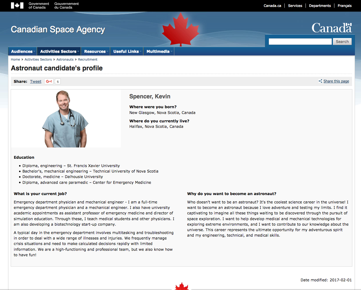 canadian space agency website profile: one of the top 72 finalists from an initial pool of 3772 applicants, during the 2016/2017 astronaut recruitment campaign