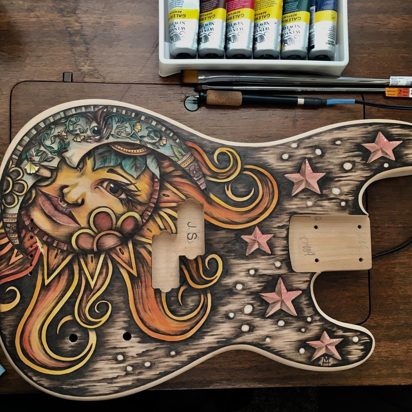 &quot;Luna Y Sol&quot;
Pyrography + Watercolor on alder 

Collaboration with Fender Masterbuilder Jason Smith

This is a throwback to 2018, and the first instrument I worked on for @fendercustomshop 

It was an amazing experience to work with @jsmith