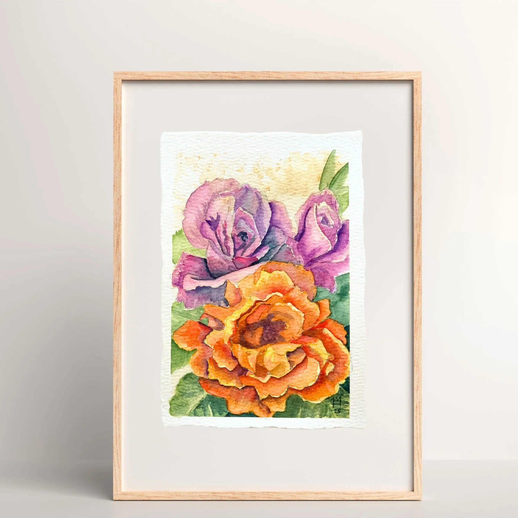 "Rose Trio in Orange and Purple" 4x6 watercolor + coffee