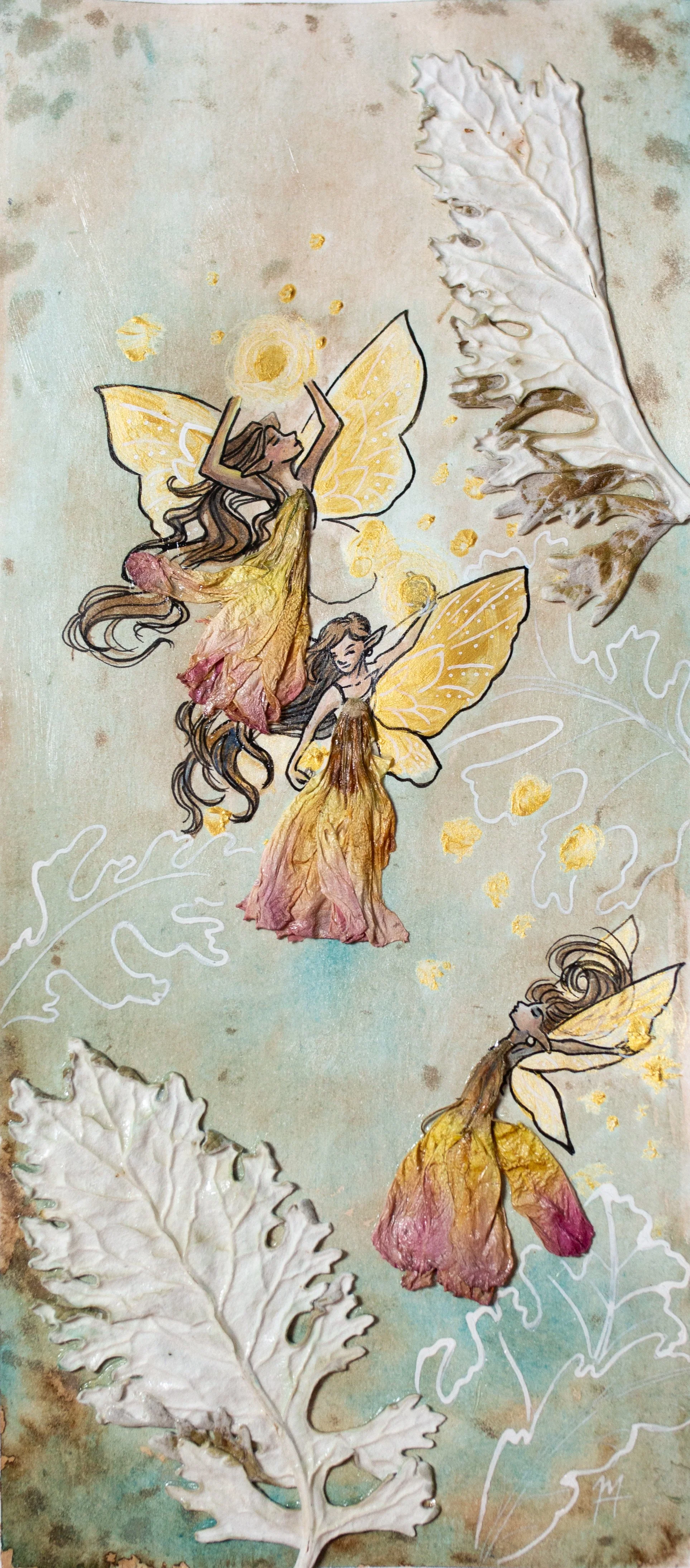 "Flower Faeries I" Coffee + India ink + Watercolor + Pressed flowers, leaves