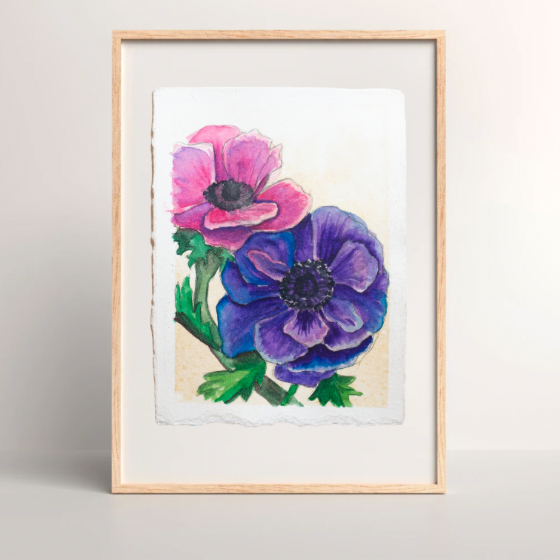 "Anemone Duet" 4x6 watercolor + coffee