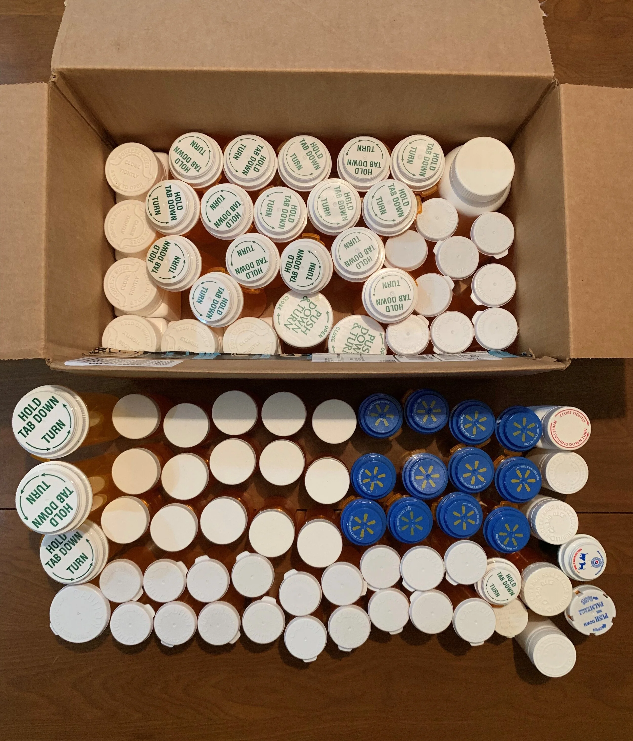 Collecting and Removing Labels from 340 Medicine Bottles for Matthew 25 Ministries