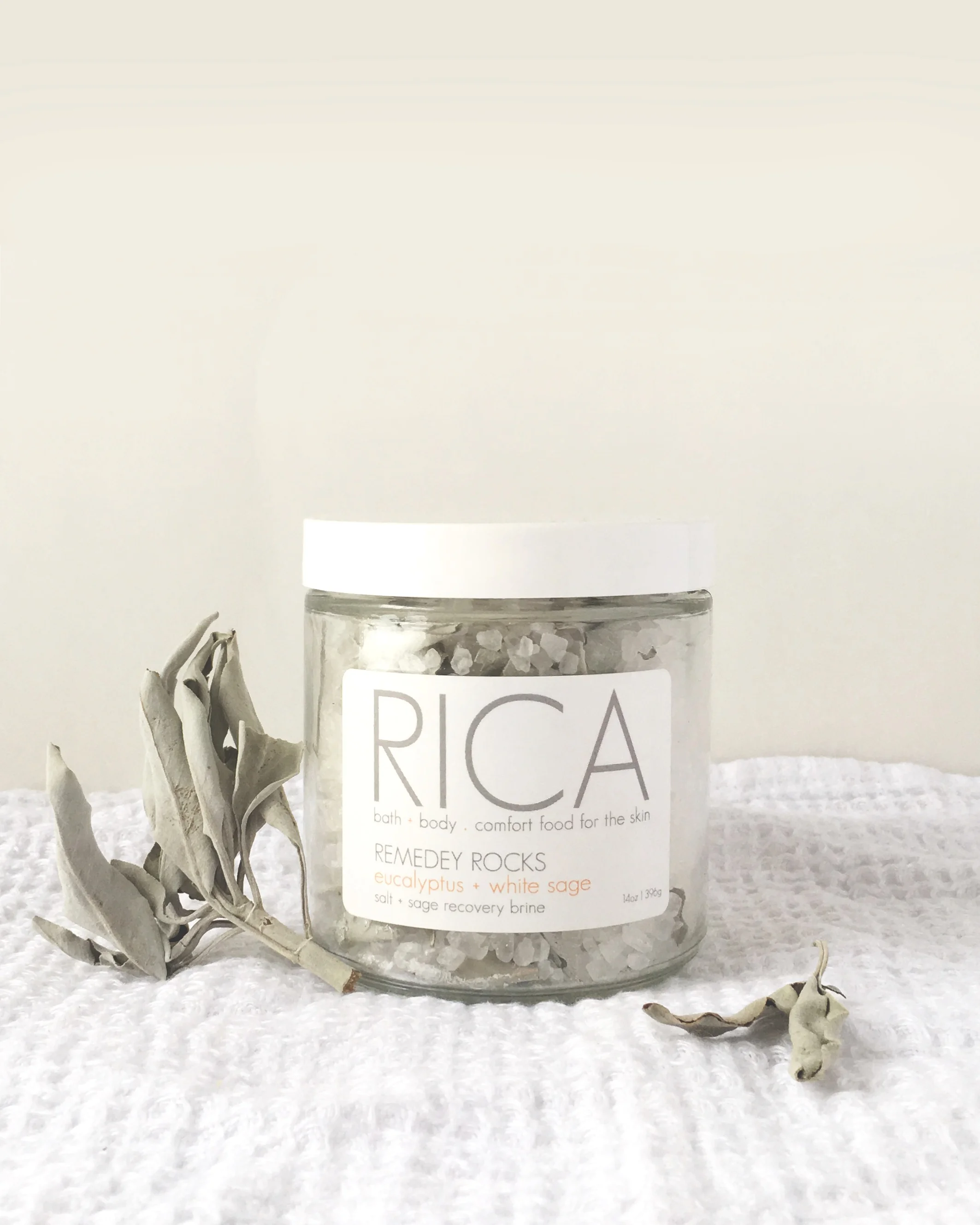 RICA bath + body Remedy Rocks, soothing flu season cold care bath salt soak, eucalyptus sage and epsom