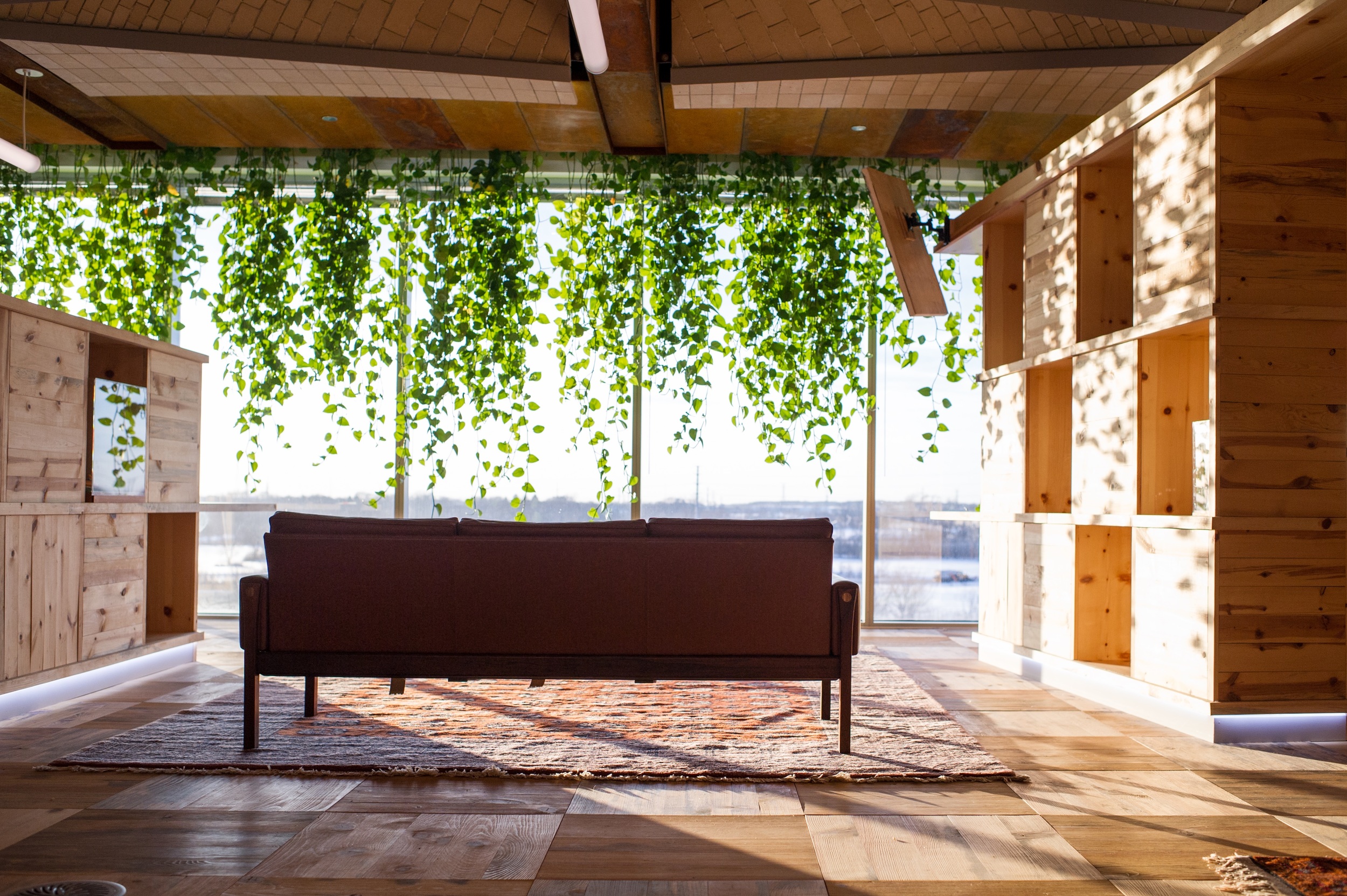 Living green trellis at the windows are juxtaposed against hot-rolled steel accents in Peter Rich office collaboration with Two Hands Interiors. 