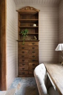  Full view of antique cabinet with custom shelving topper bulit and stained to match the existing piece. No modifications to the antique.  