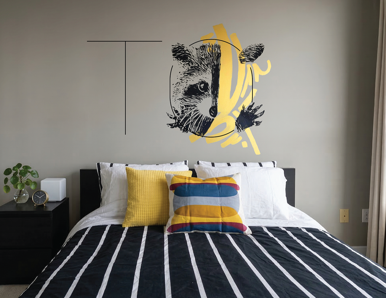 Custom interior bedroom wall mural featuring a graphic Toronto raccoon and minimalist typography by Iliana Sergeev.