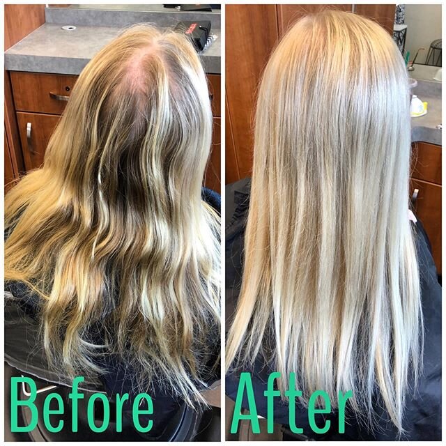 Before and after of my sweet client @maryrileybaumann. I used @matrix high lift blonde UL-AV. #blondehair #matrix #matrixsocolor #platniumblondelife