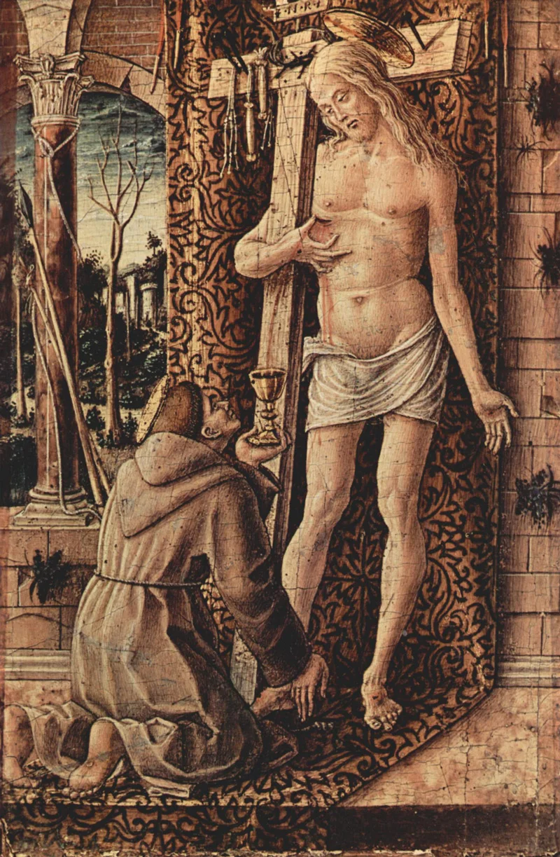 Carlo Crivelli, Saint Francis Collecting the Blood of Christ, circa 1480/1500. PLACEMENTS: PEITO & ABD | COXAS |