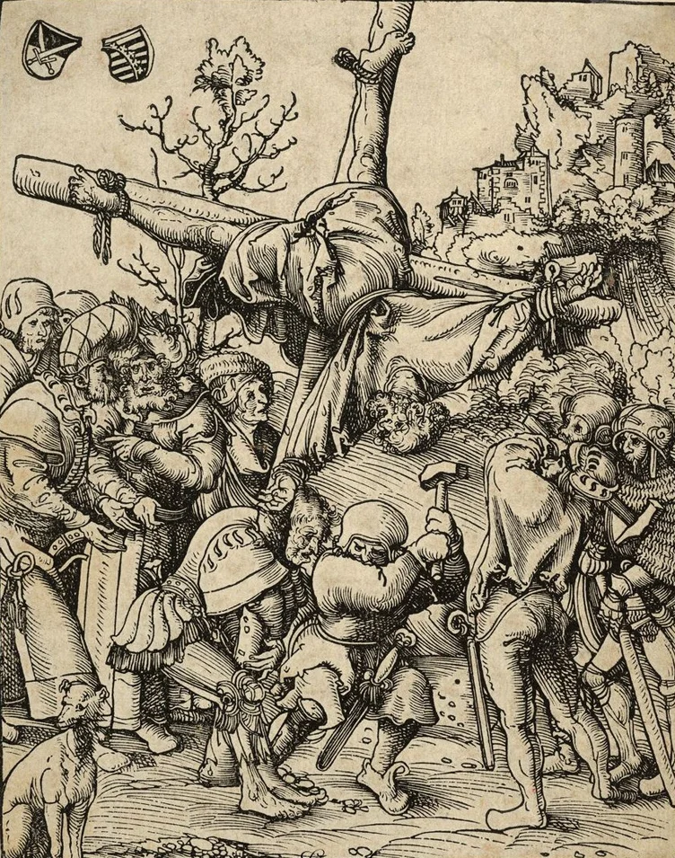 Lucas Cranach the Elder, Peter from the Martyrdom of the Twelve Apostles, circa 1512. PLACEMENTS: COSTAS | PEITO, ABD & PERNA | 1 BRAÇO, PEITO, PESCOÇO & ABD | COSTAS & CABEÇA | 