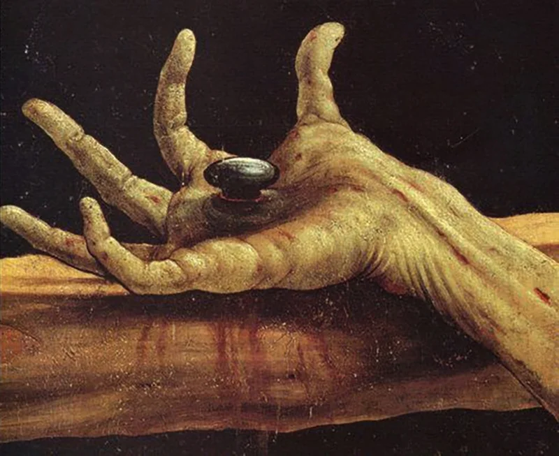 Matthias Grünewald, The Crucifixion, Isenheim Altarpiece, hand detail, 1512/1515. Placement: Qualquer parte do corpo, desde que tenha tamanho apropriado e suficiente para que o tema possa ser satisfatoriamente explorado.
