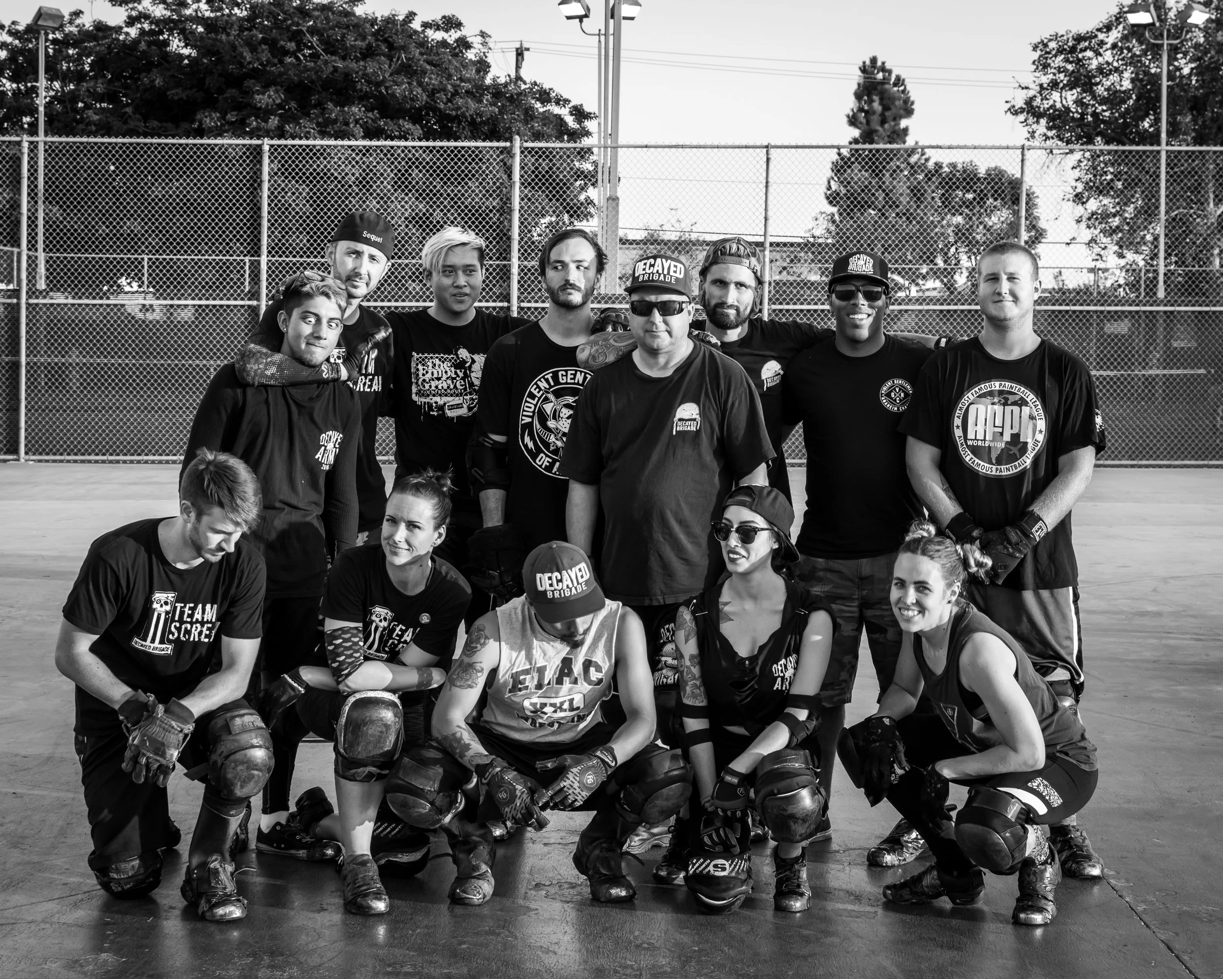 Top Row: James Contreras, Chase McCullough, Sebastian Lam, Trey Yasger, Jeremy Shumake, Michael Stewart, Greg Daniels, Andrew Mummert Bottom Row: Eric Saunders, Veronica Nihart, Elijah Padilla, Naomi Haro, Ruth Duckworth The Decayed Brigade is a group of dedicated, hard working men and women who put on high energy shows at various Halloween conventions that include choreographed routines, spins, sliding under bars and jumping over fellow Brigade members. They constantly push the envelope and challenge each other to go bigger and faster with their tricks and jumps. What started as a scare tactic at Knott's Scary Farm several years ago has turned into a fascinating spectacle of tricks that draw huge crowds at events such as www.midsummerscream.org and Scare LA. Their show gets bigger and bigger each year. Last year at one of the events, a group record was set when one of the members slid and jumped 11 other members of the Brigade while they laid side by side on the ground. Below you will get to meet some of these crazy and fun individuals that make up the Decayed Brigade and learn a little bit about what makes them tick. You'll learn what they feel before a show, how they got started in the Halloween industry and how they prepare for an event. You'll then get a behind the scenes look at the group with some photos from recent practices. Please feel free to leave comments and thoughts regarding this blog, the team, the shows you've seen. We want to hear it all. Thank you and enjoy. 