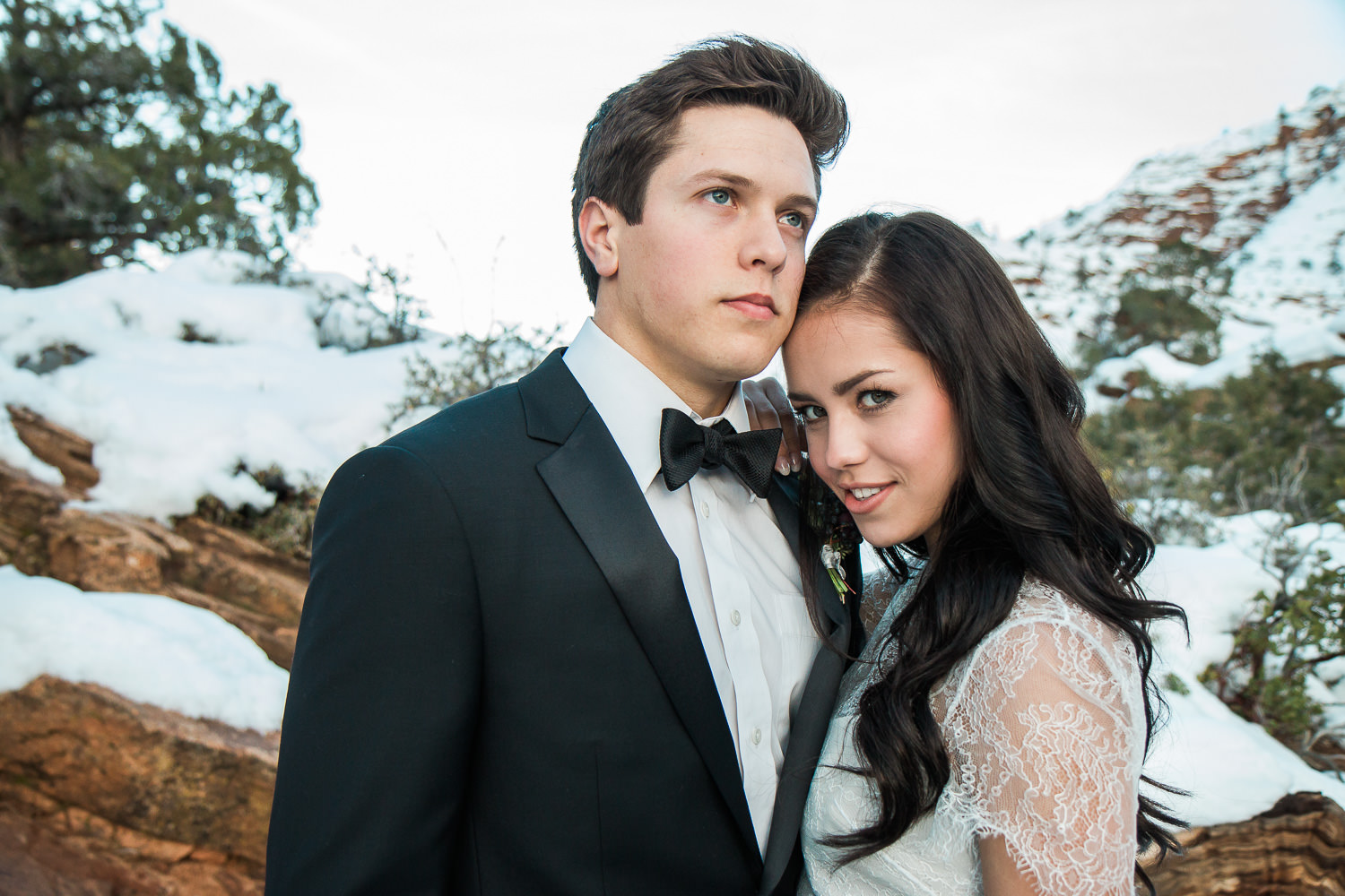 Classy wedding couple portraits Zion National Park winter