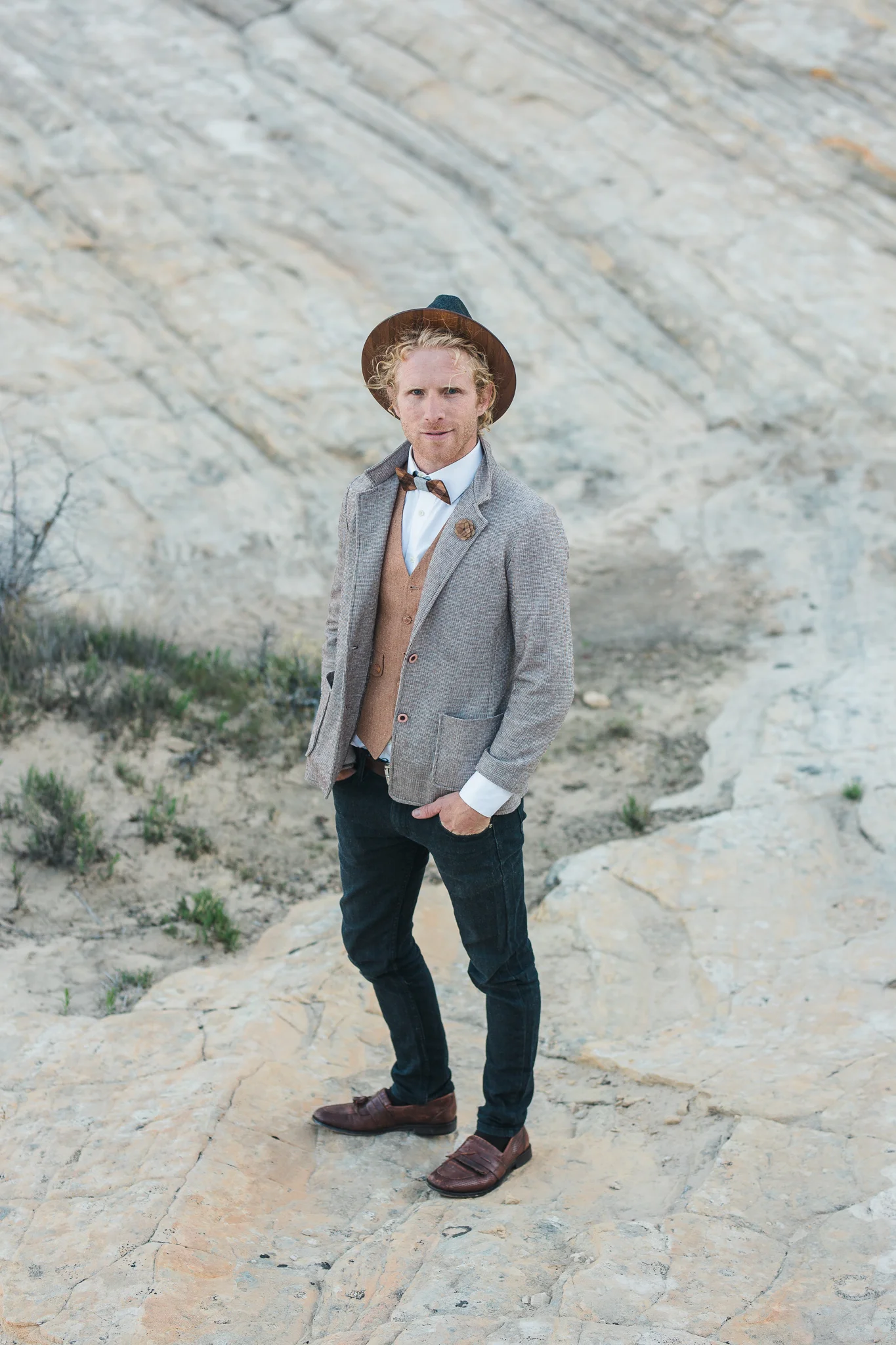 Hipster Groom Two Guys Wooden Bow Tie Lapel Pin Fedora Utah Elopement