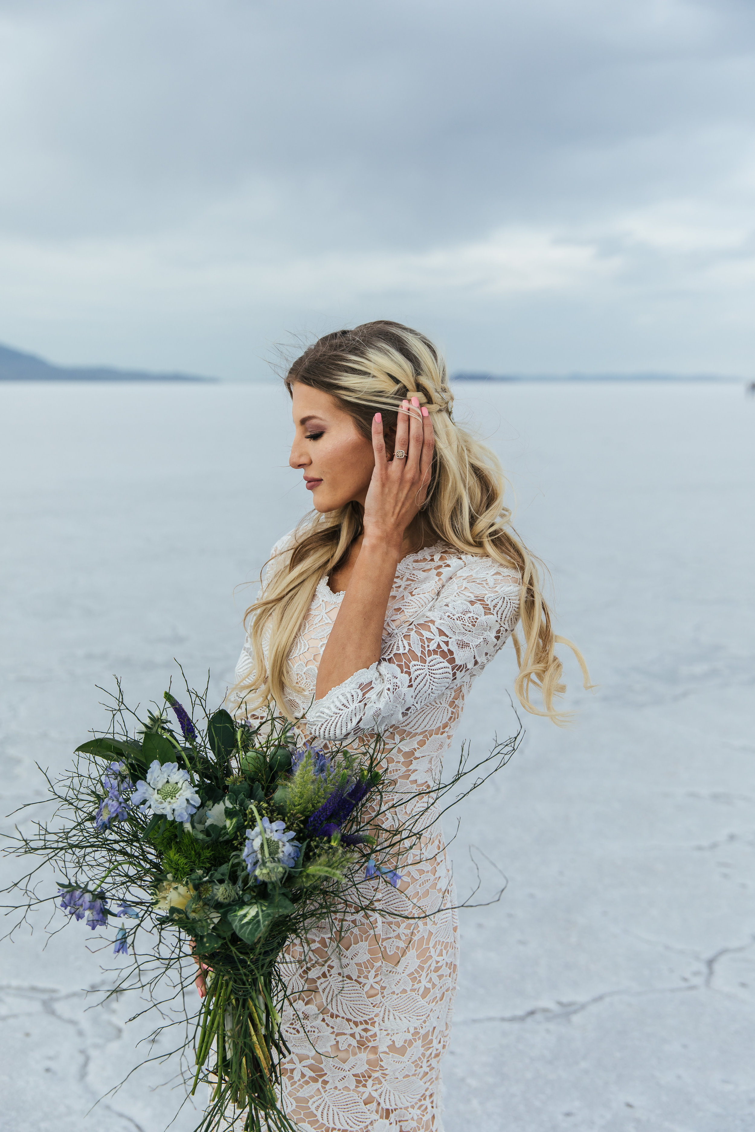 Bridal hair by Hailey Boam L Floral Studio Bouquet Elizabeth Cooper Design Dress Bonneville Salt Flats Bridals