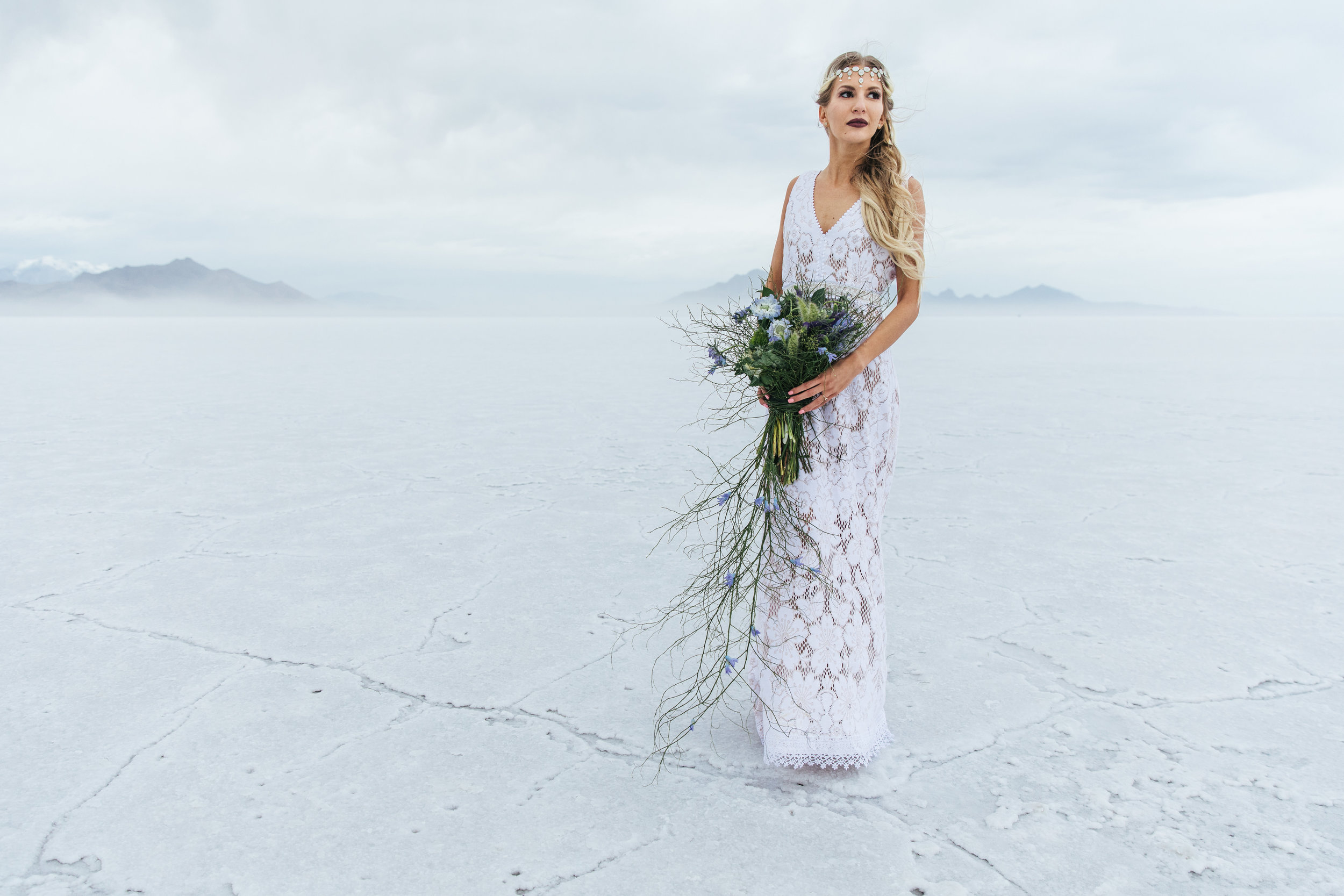 Epic adventure bridal portrait Bonneville Salt Flats Utah