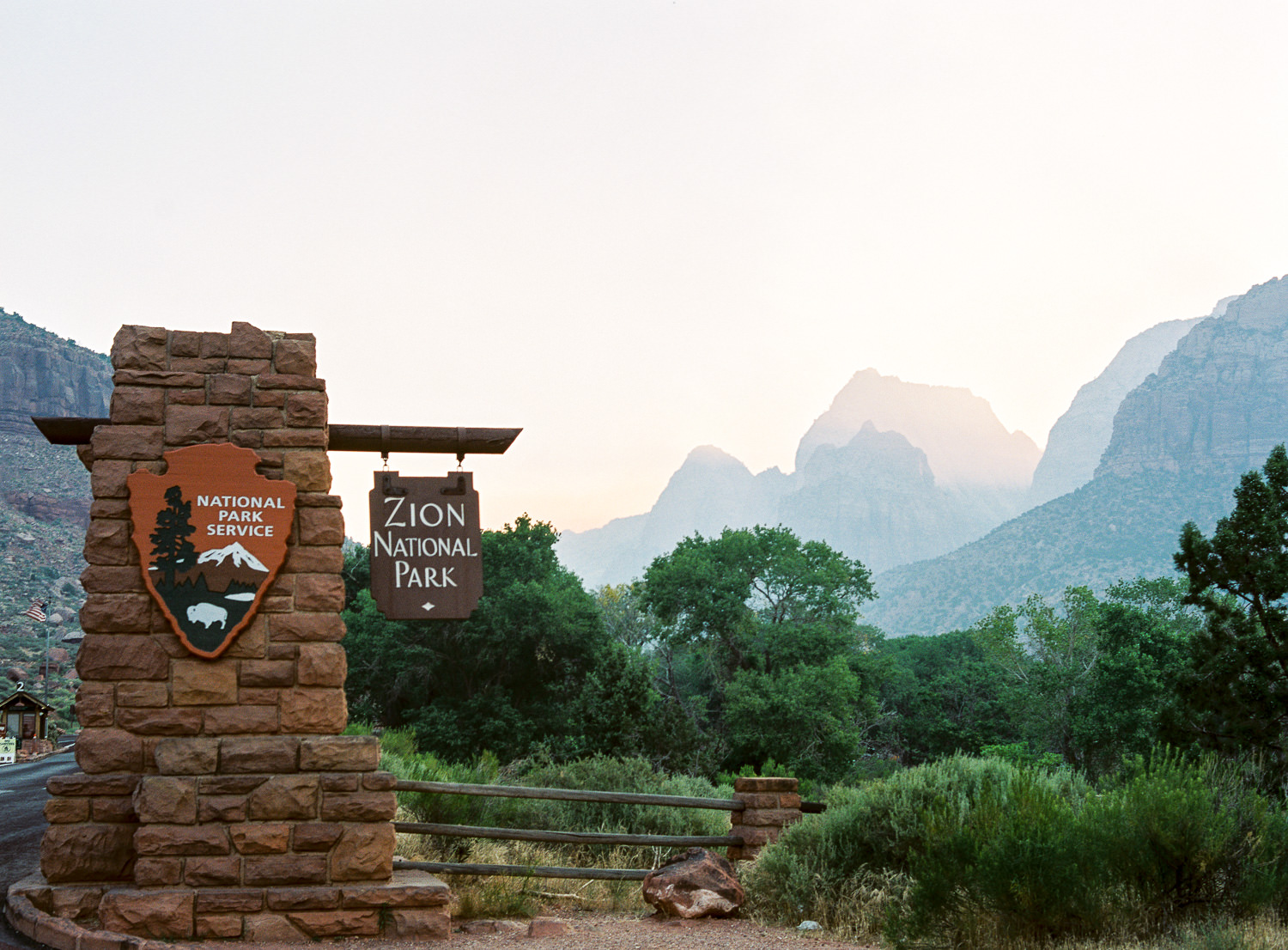 Zion National Park Entrance sign on fine art film at sunrise