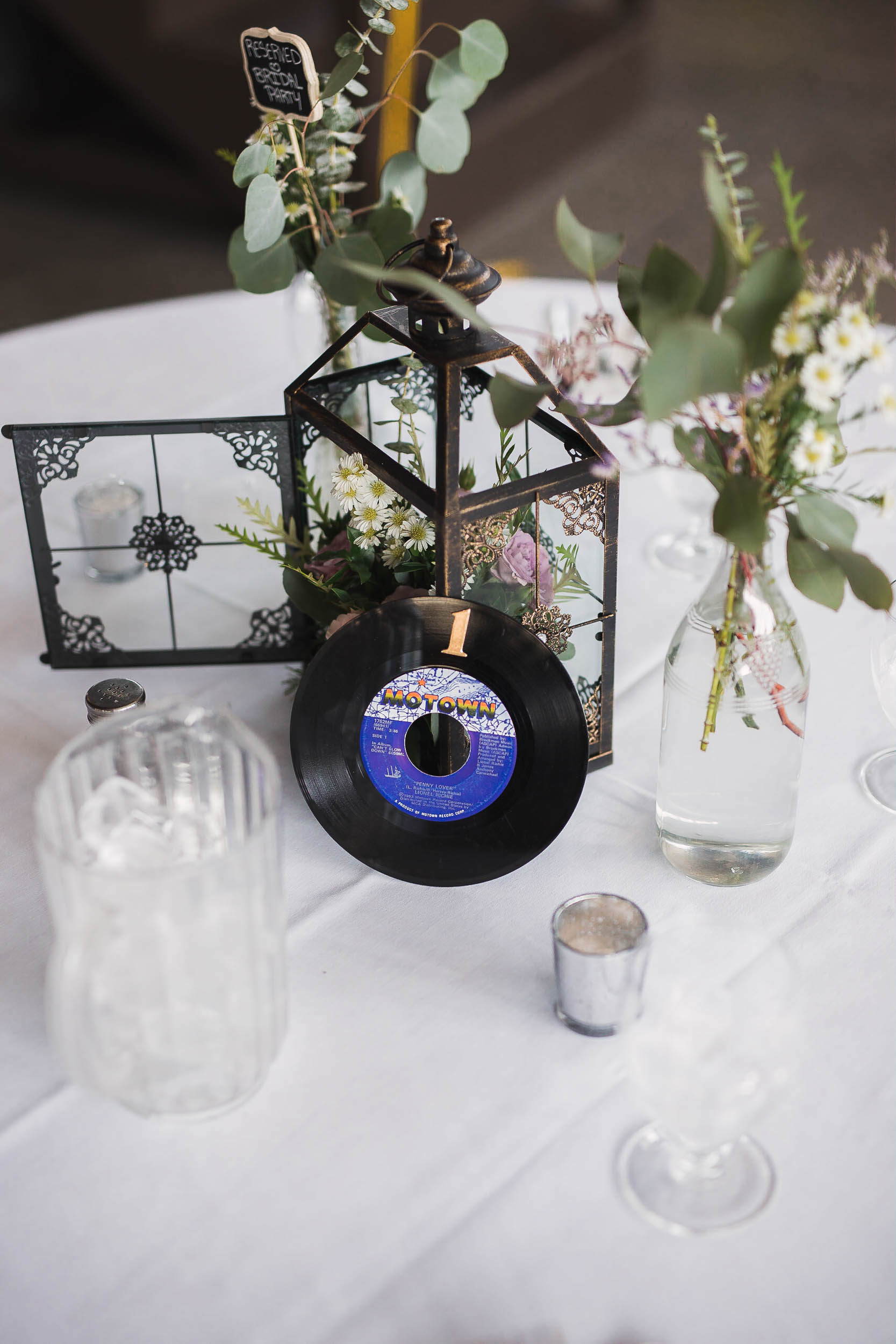 Succulent and Vinyl Record Table Centerpiece Wedding Detail