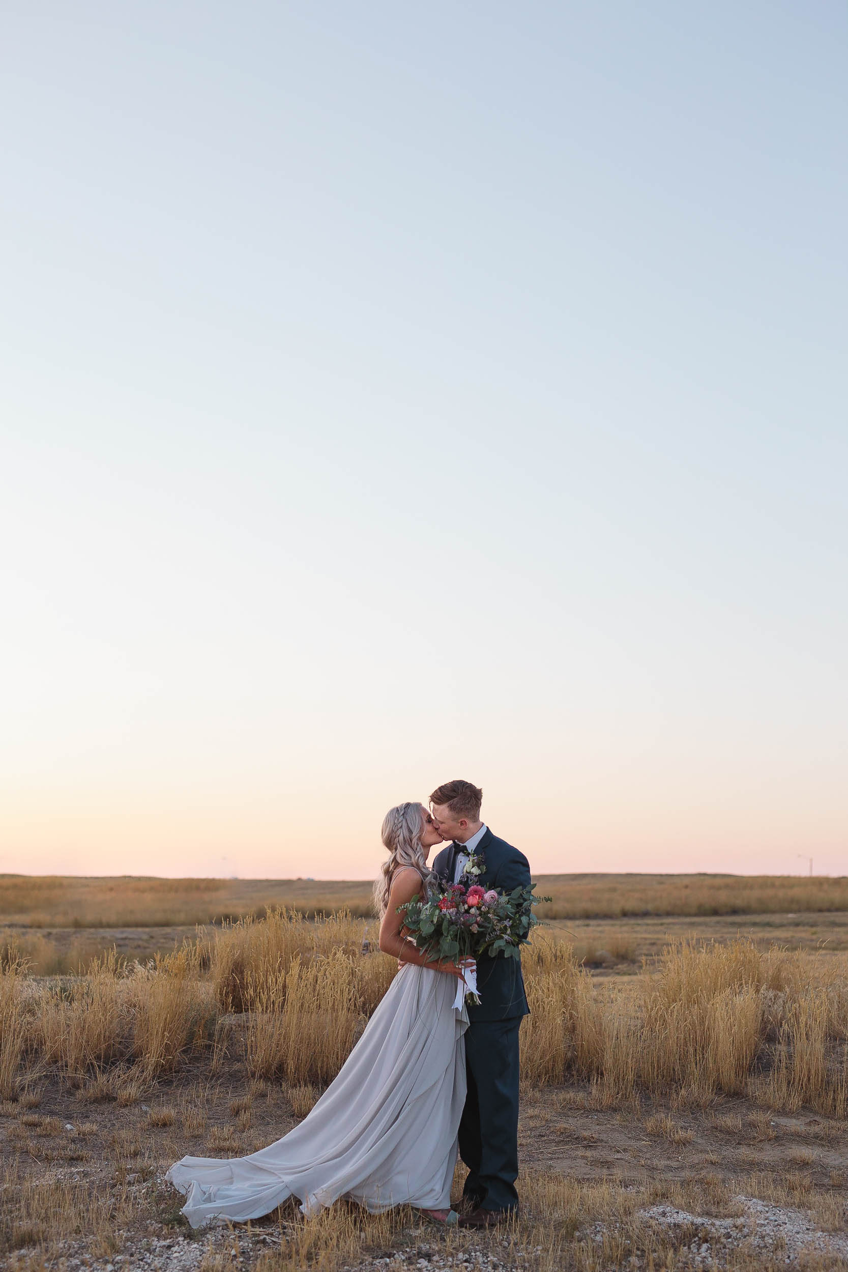 Wyoming plains at dusk wedding portrait