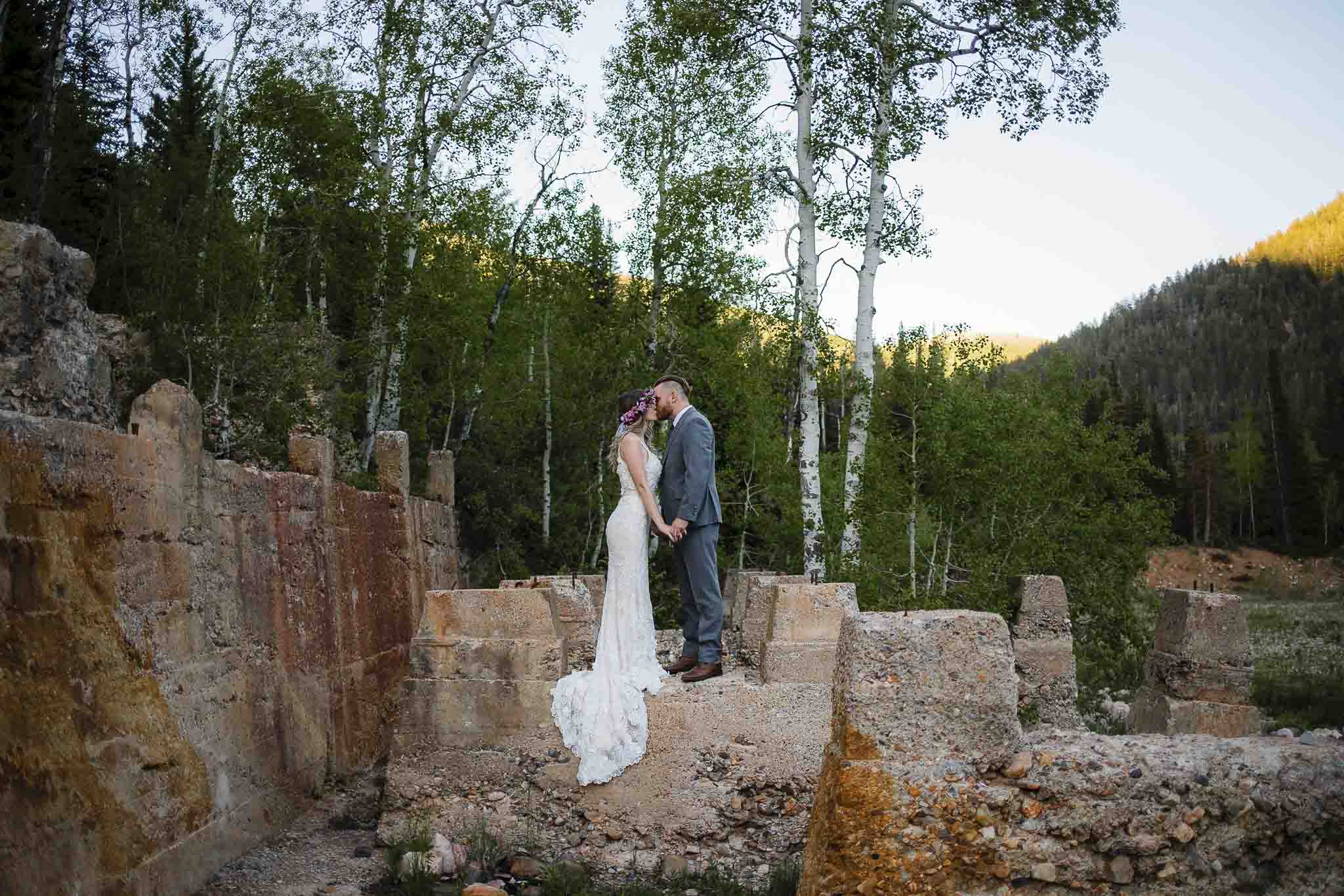 Couple pose for wedding pictures at Forest City, Utah