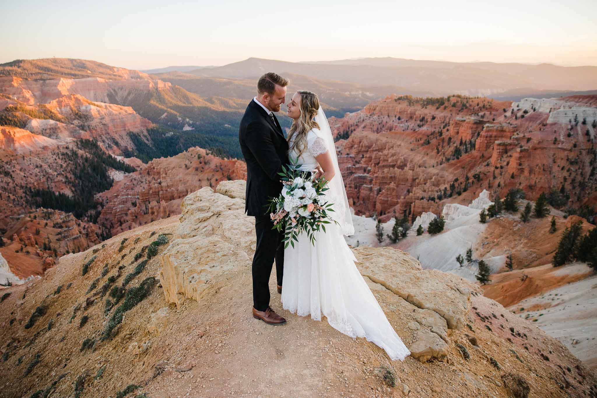 Bride and Groom pose for wedding portraits in Cedar Breaks National Monument