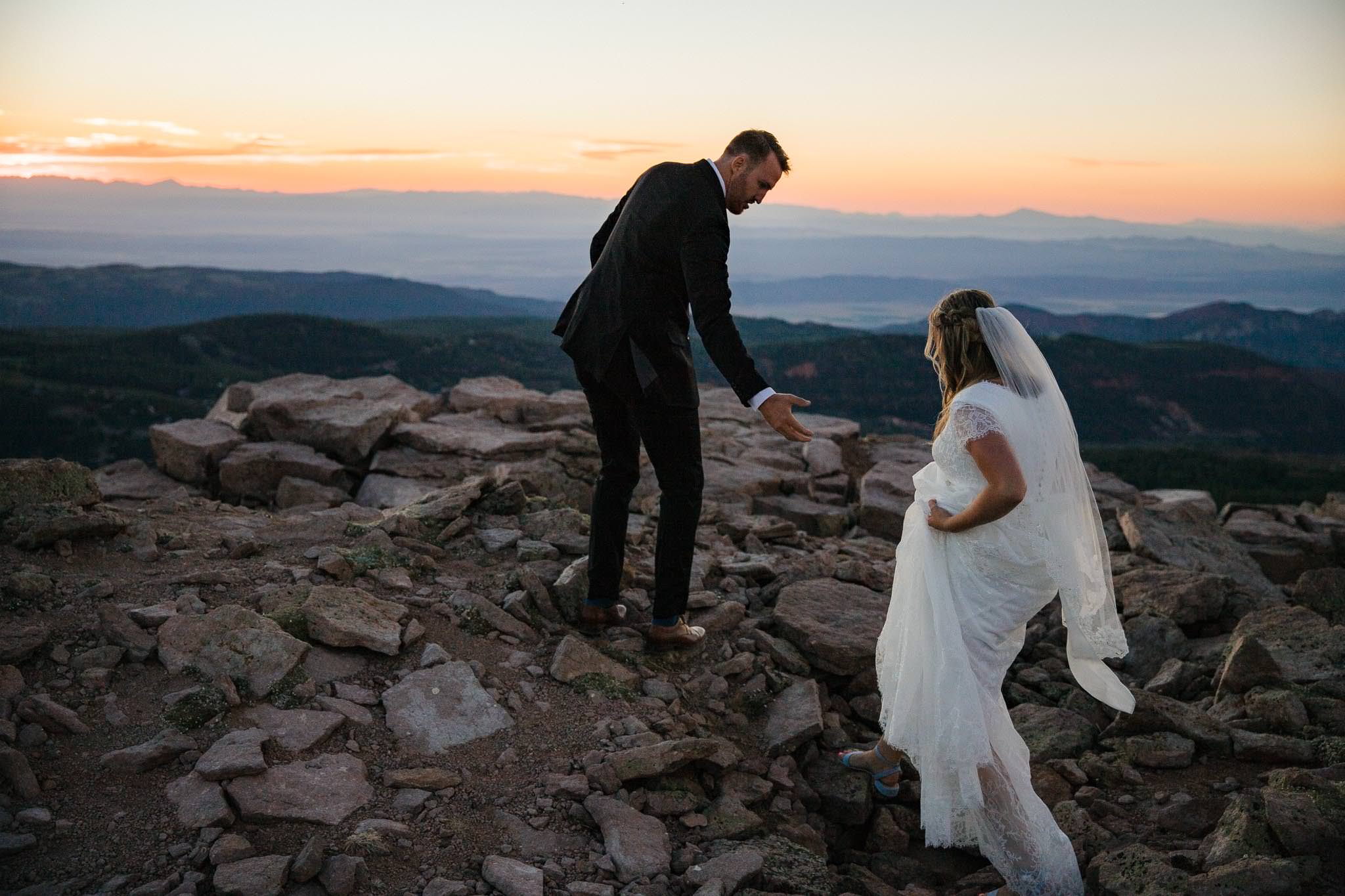 Bride and Groom pose for wedding portraits in Cedar Breaks National Monument