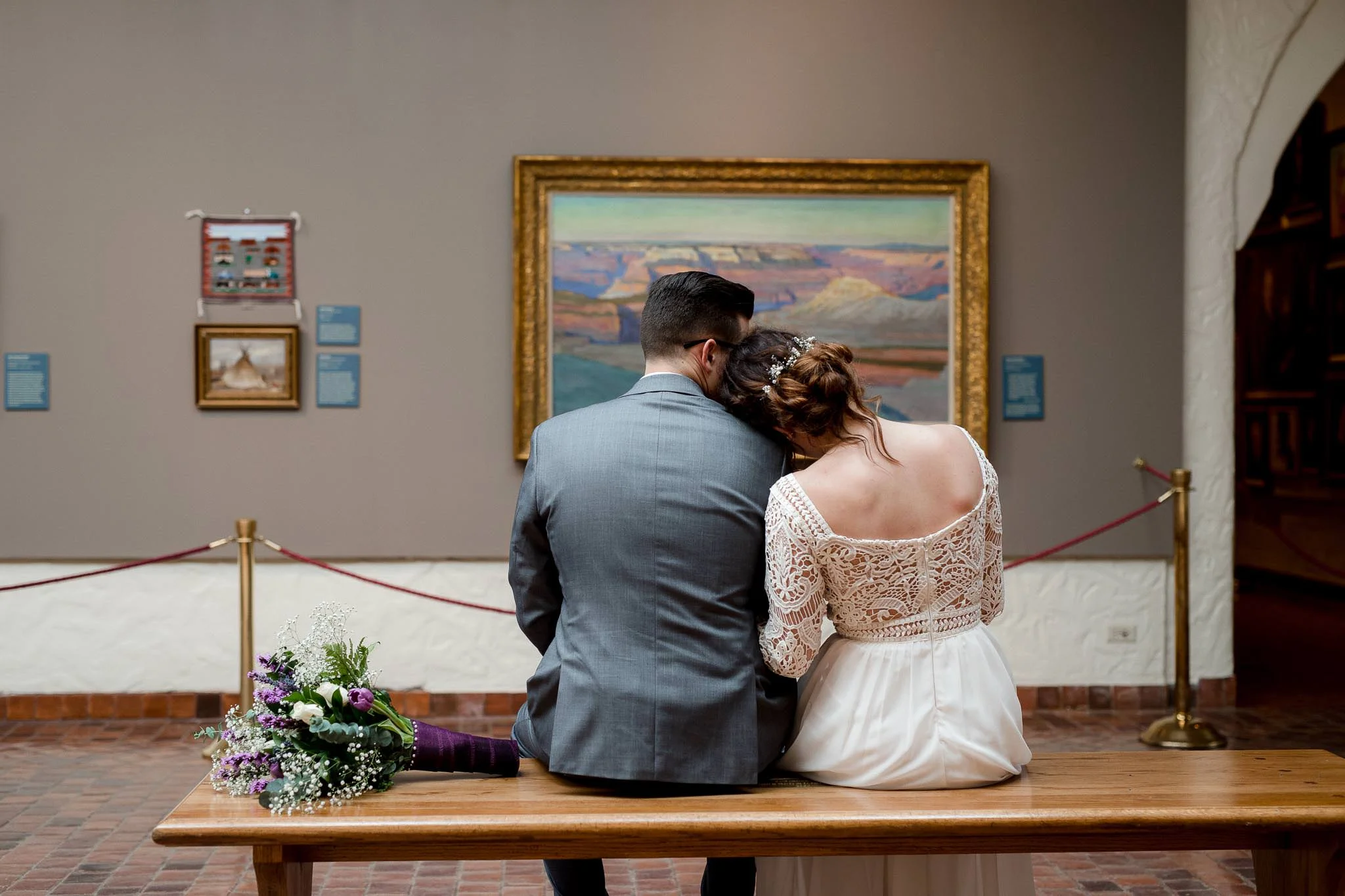 Bride and groom portrait in Springville Art Museum Utah wedding