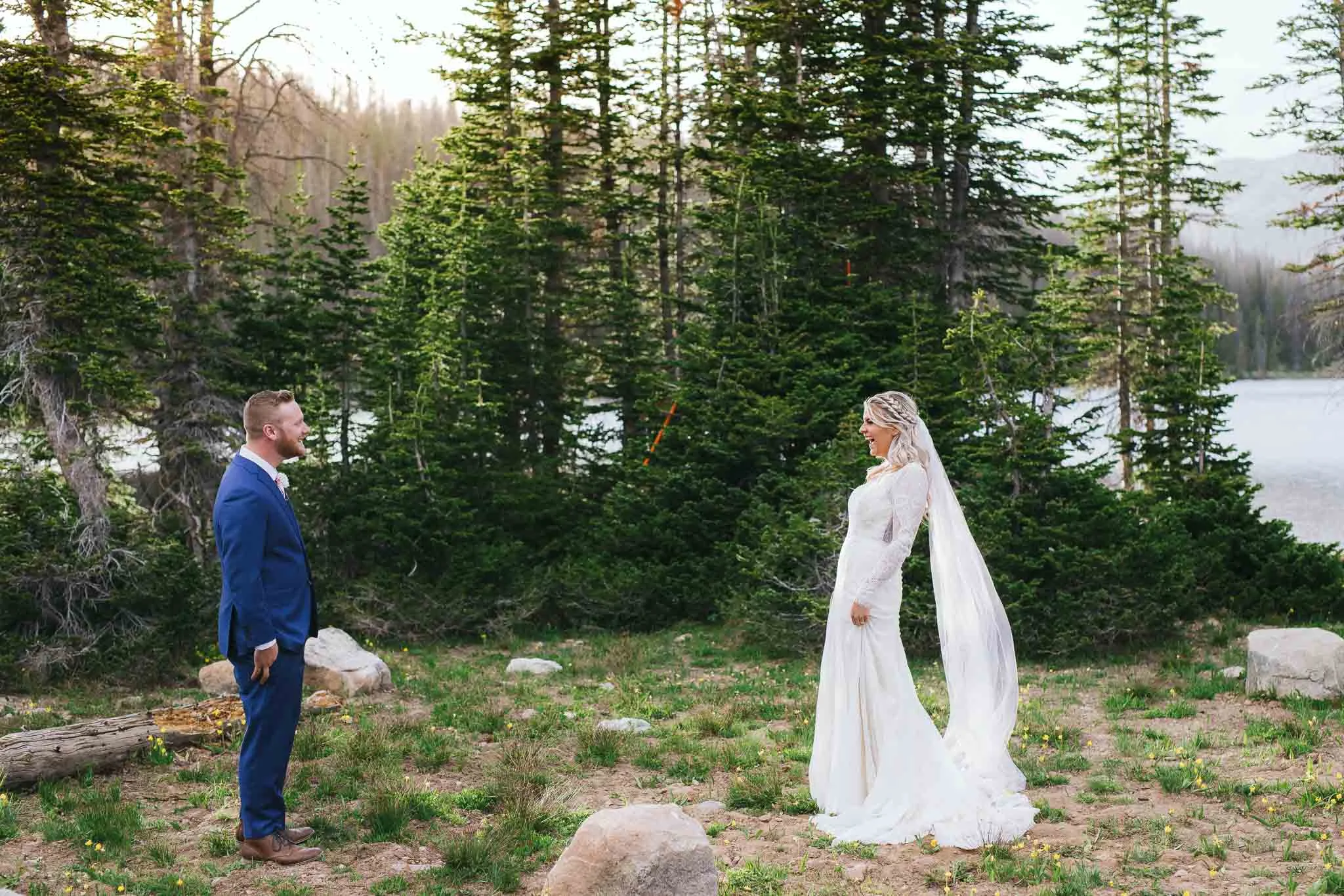 Bride and groom first look reaction outdoor wedding photographer in Utah