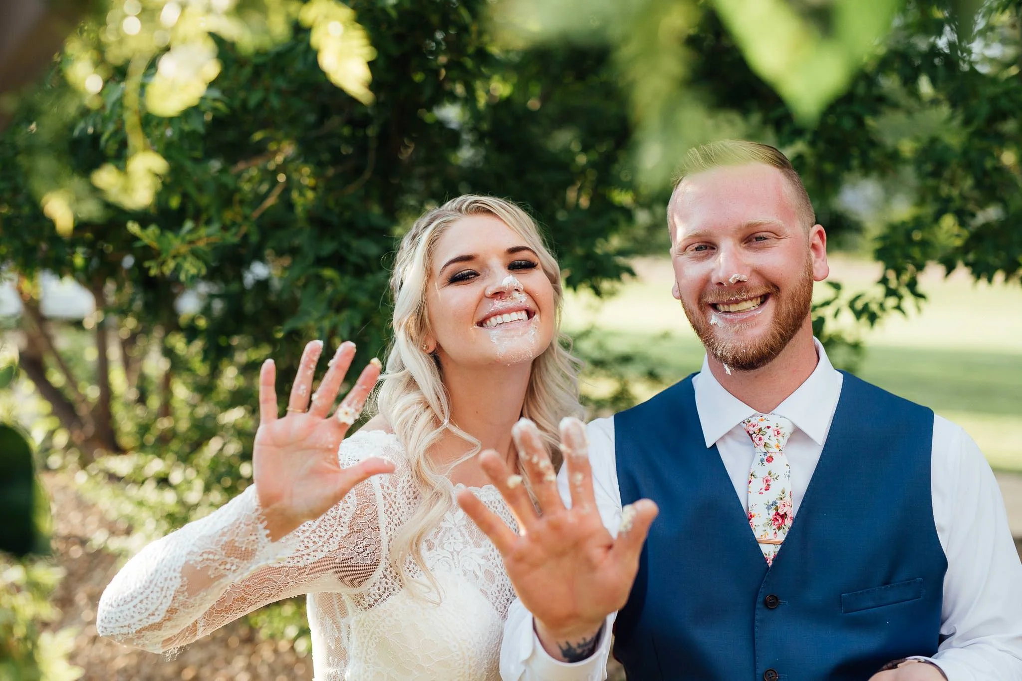 Bride and groom cake smash aftermath Midway Utah mountain wedding
