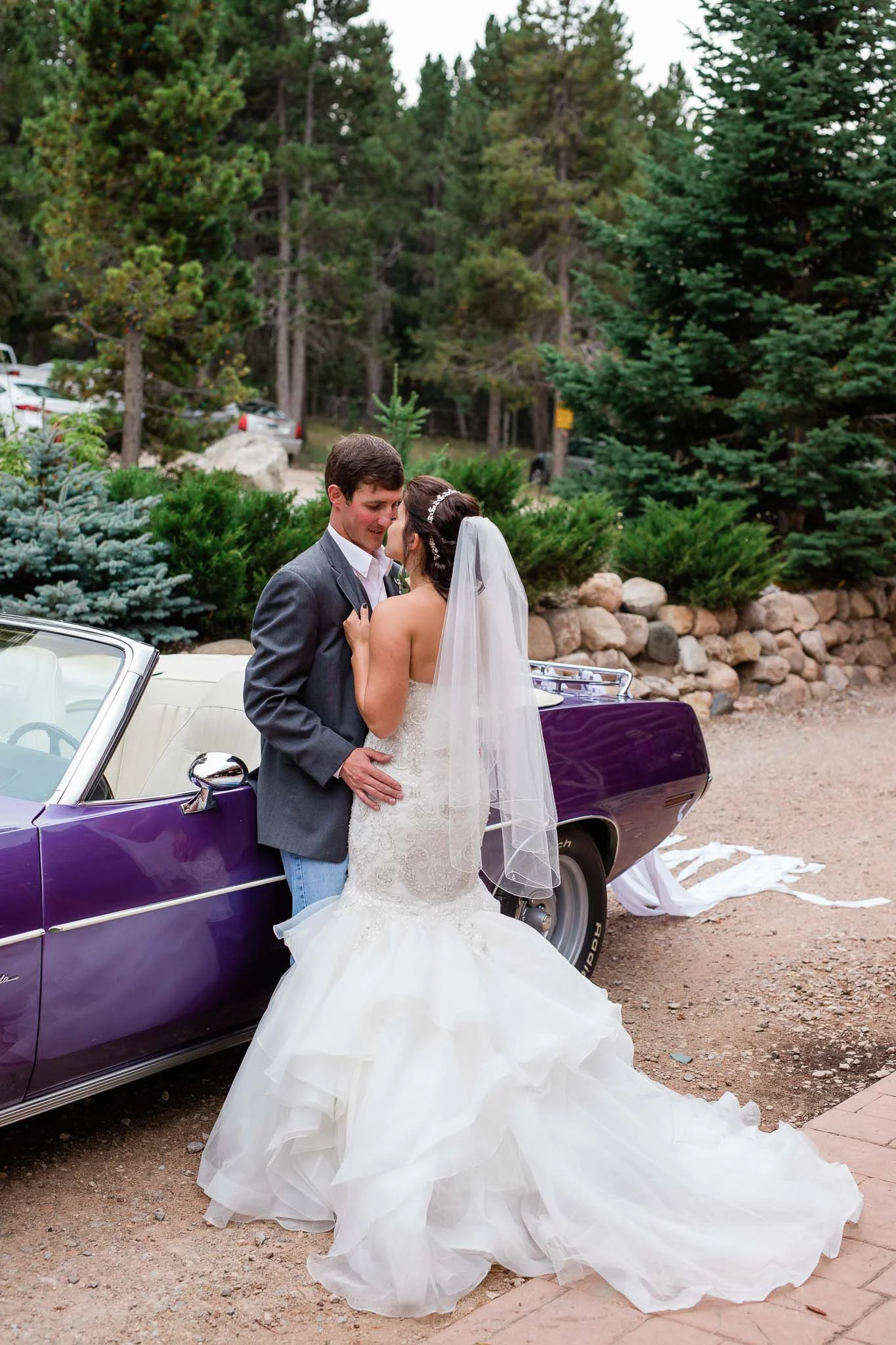 Bride and groom portrait with classic car Casper Wyoming