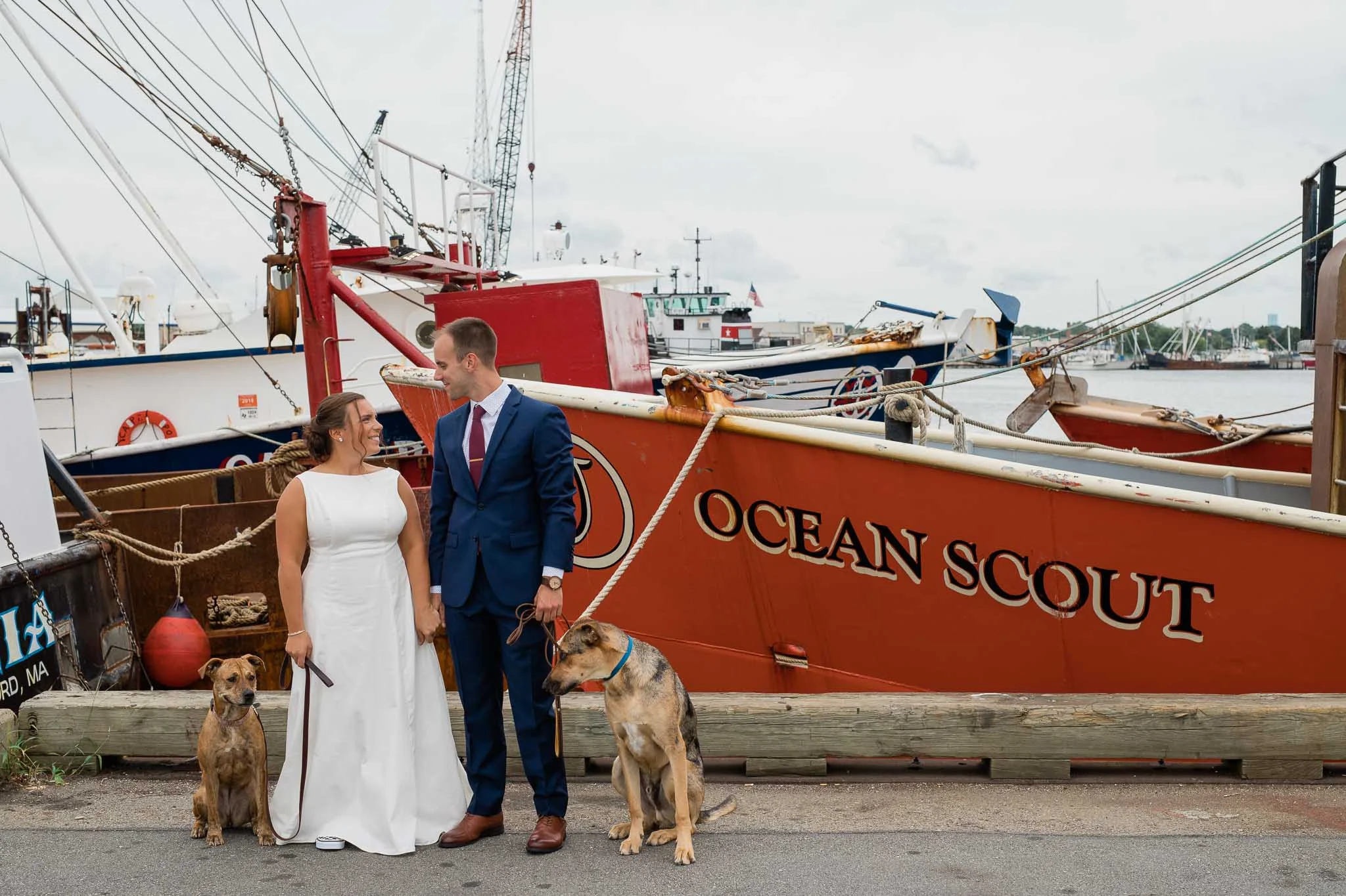 Wedding pictures with dogs whaling ships New Bedford Massachusetts