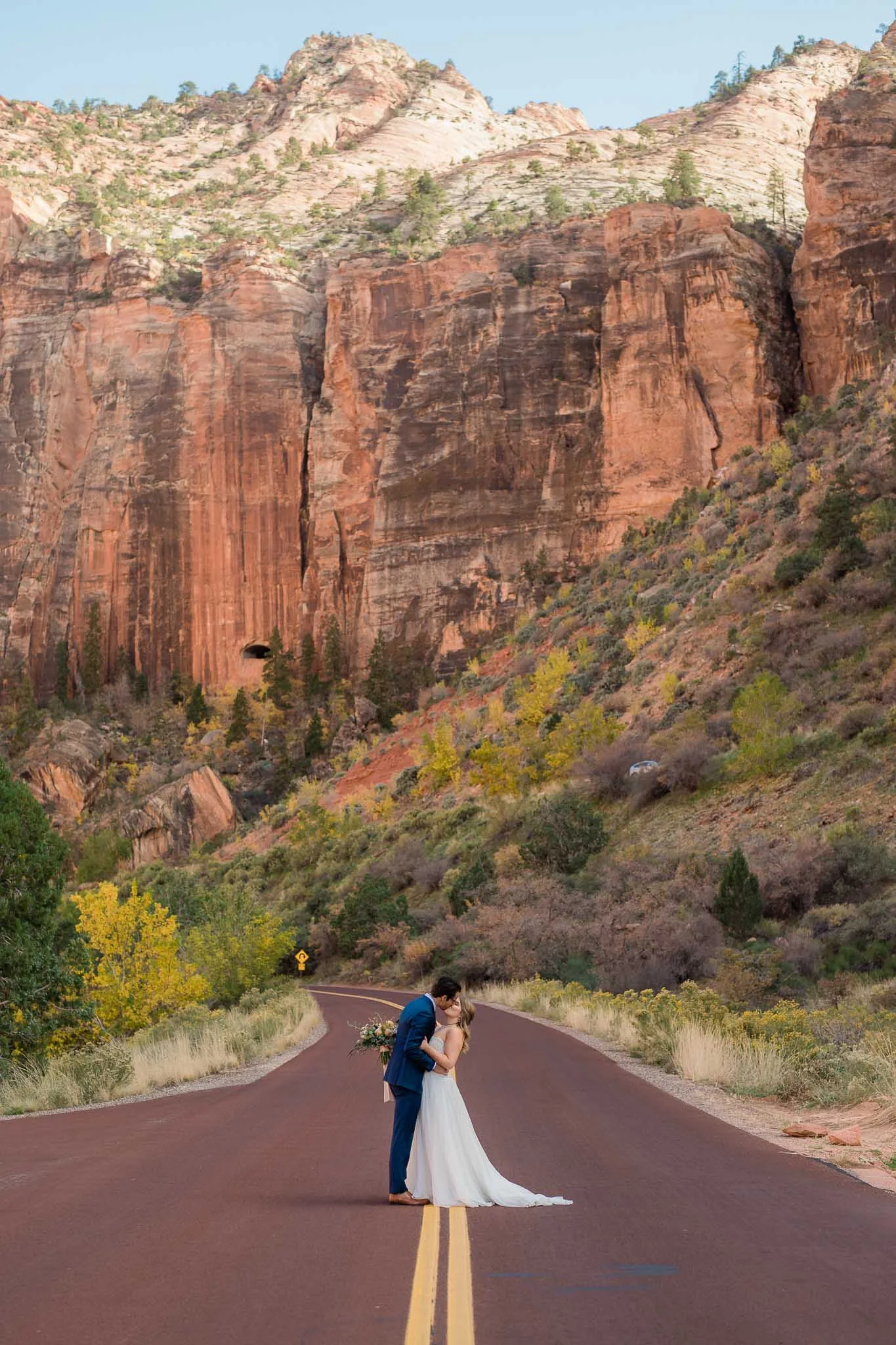 Zion National Park Adventure wedding portrait on road