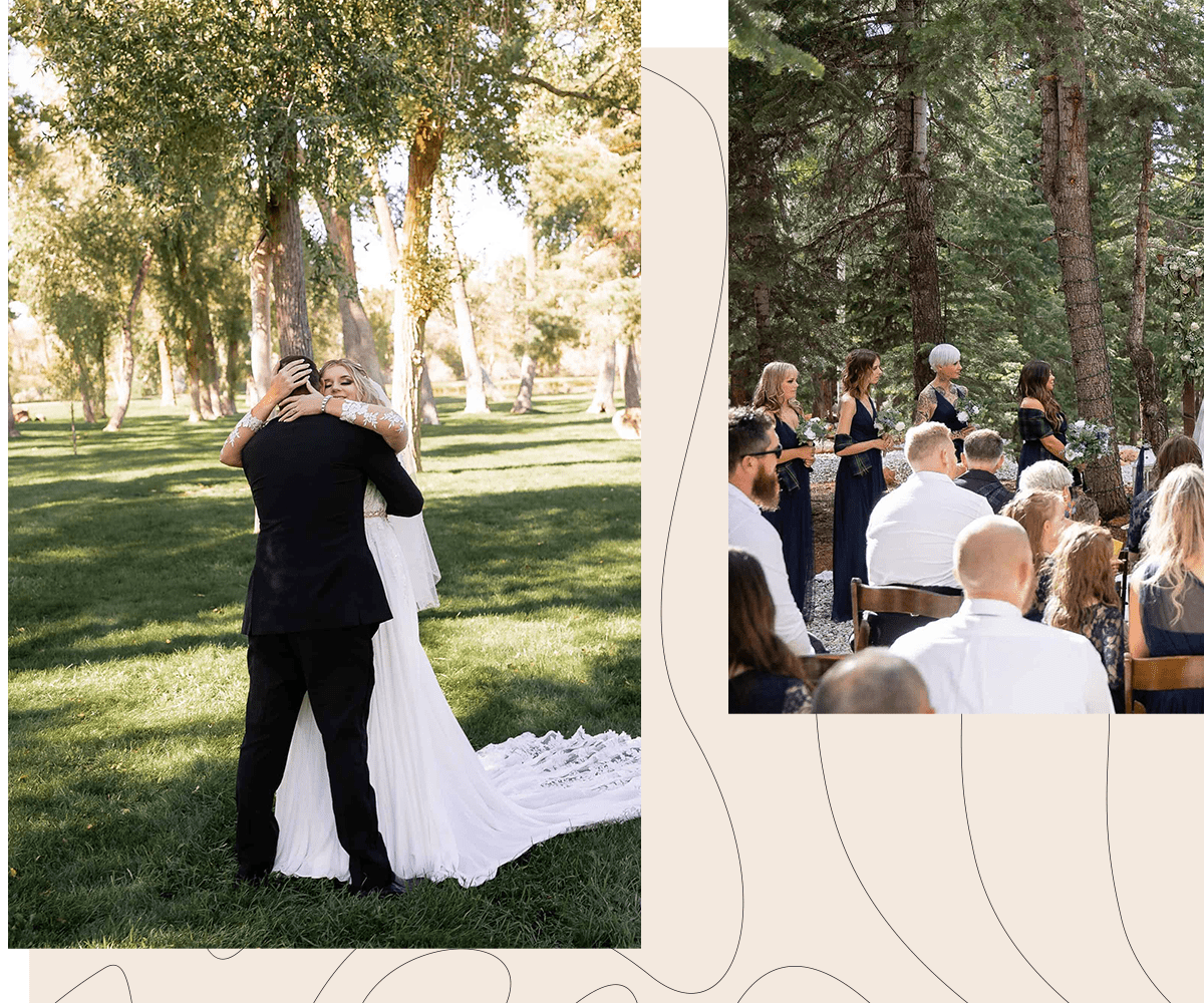 Bride and groom hug during an emotional first look during their wedding in Montrose Colorado