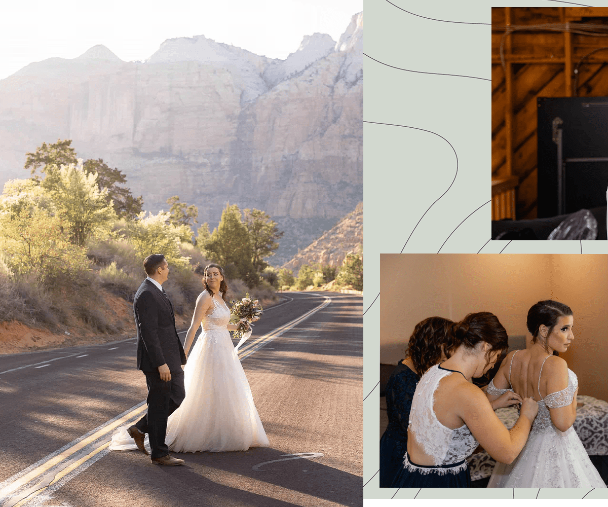 Bride and groom walk across the road during their destination wedding in Zion National Park Utah