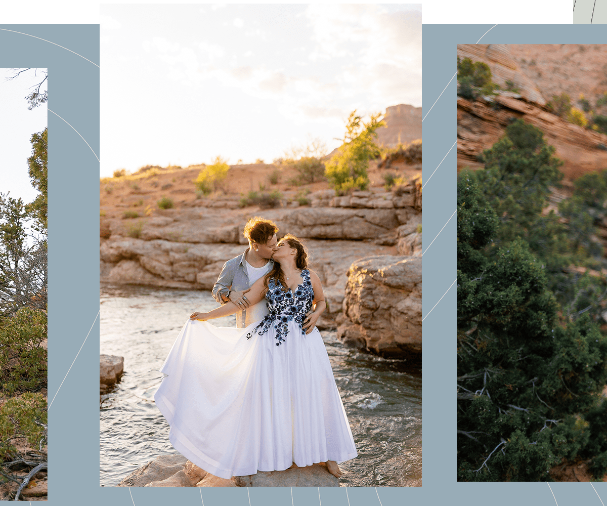 Girl holds dress out with her husband holding her while standing next to a river during their wedding portrait session in Southern Utah