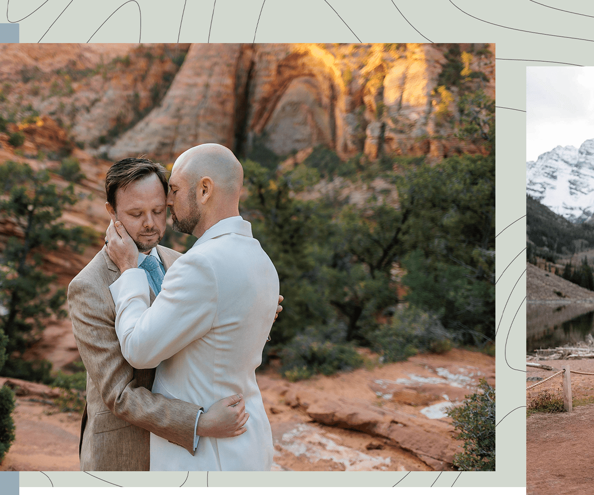Intimate portrait to gay grooms holding each other during their wedding photos in Zion National Park