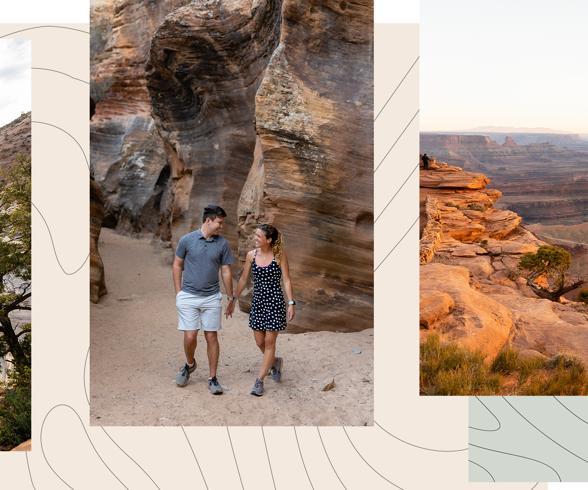 Couple laugh and walk together out of slot canyon after surprise proposal photos in Zion National Park, UT