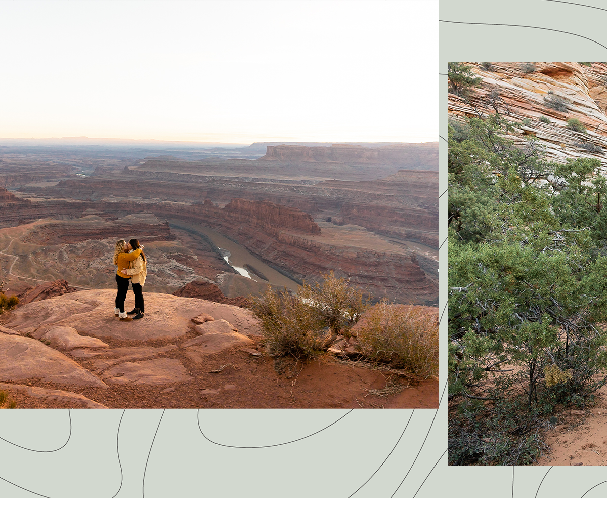 Lesbian couple embrace after proposal photos at Dead Horse Point State Park in Moab Utah