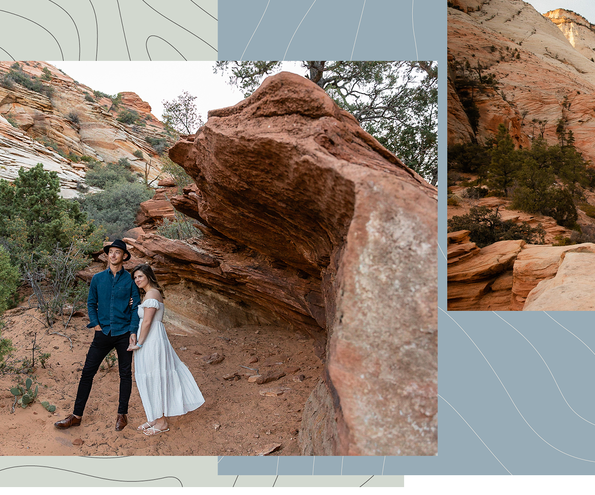 Couple pose for engagement photos after surprise proposal in Southern Utah