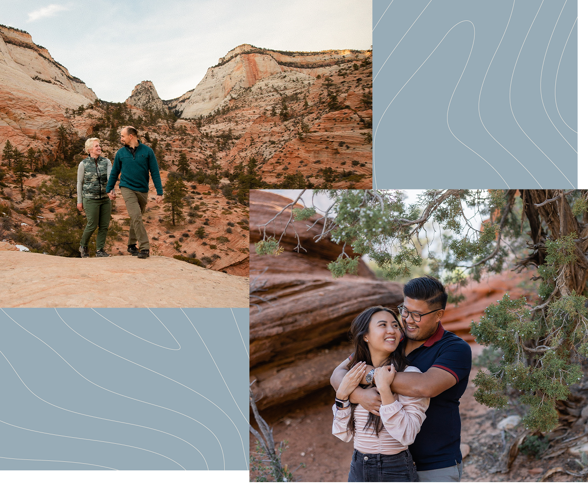 Collage of photos of couples posing during their adventure session in Southern Utah