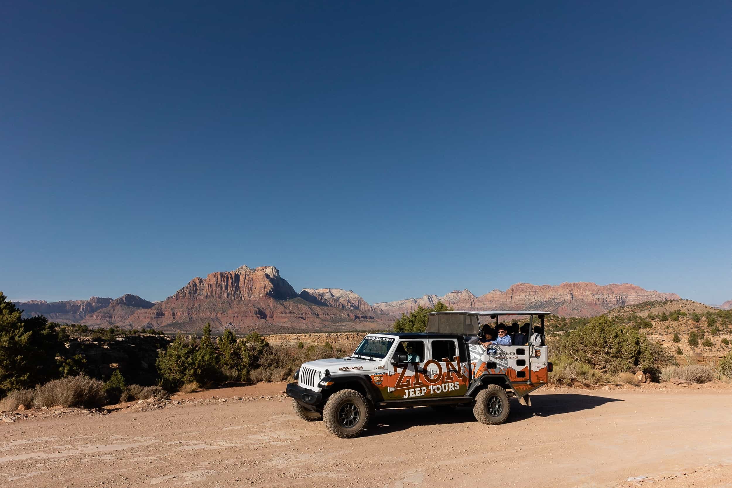 Wedding group ride in a Jeep in Zion National Park during a sunset tour