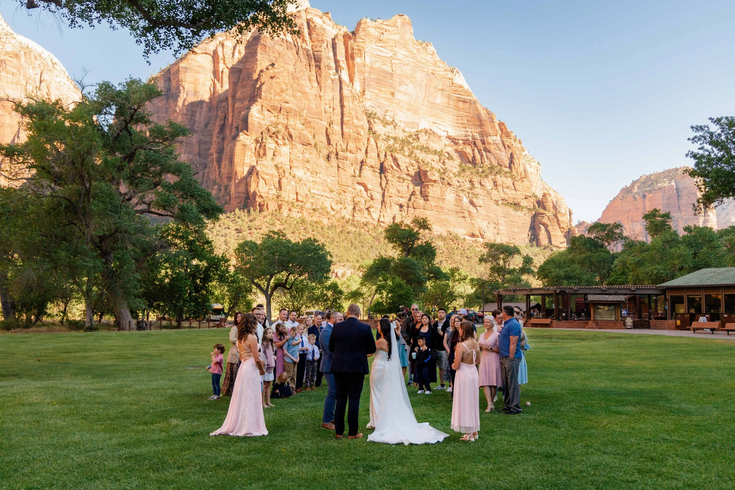 Intimate wedding ceremony at Zion lodge lawn
