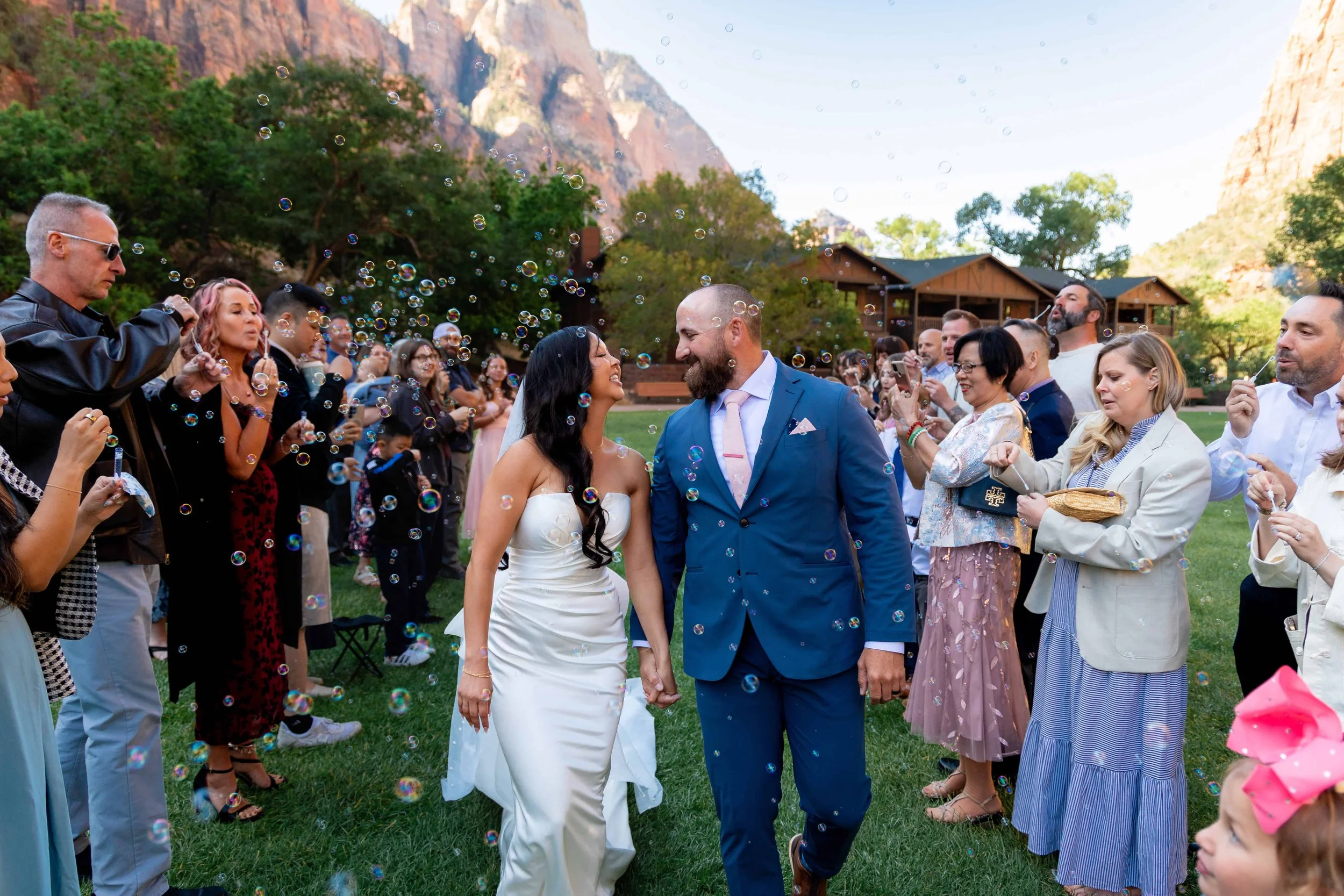 Guests blow bubbles after Zion lodge lawn